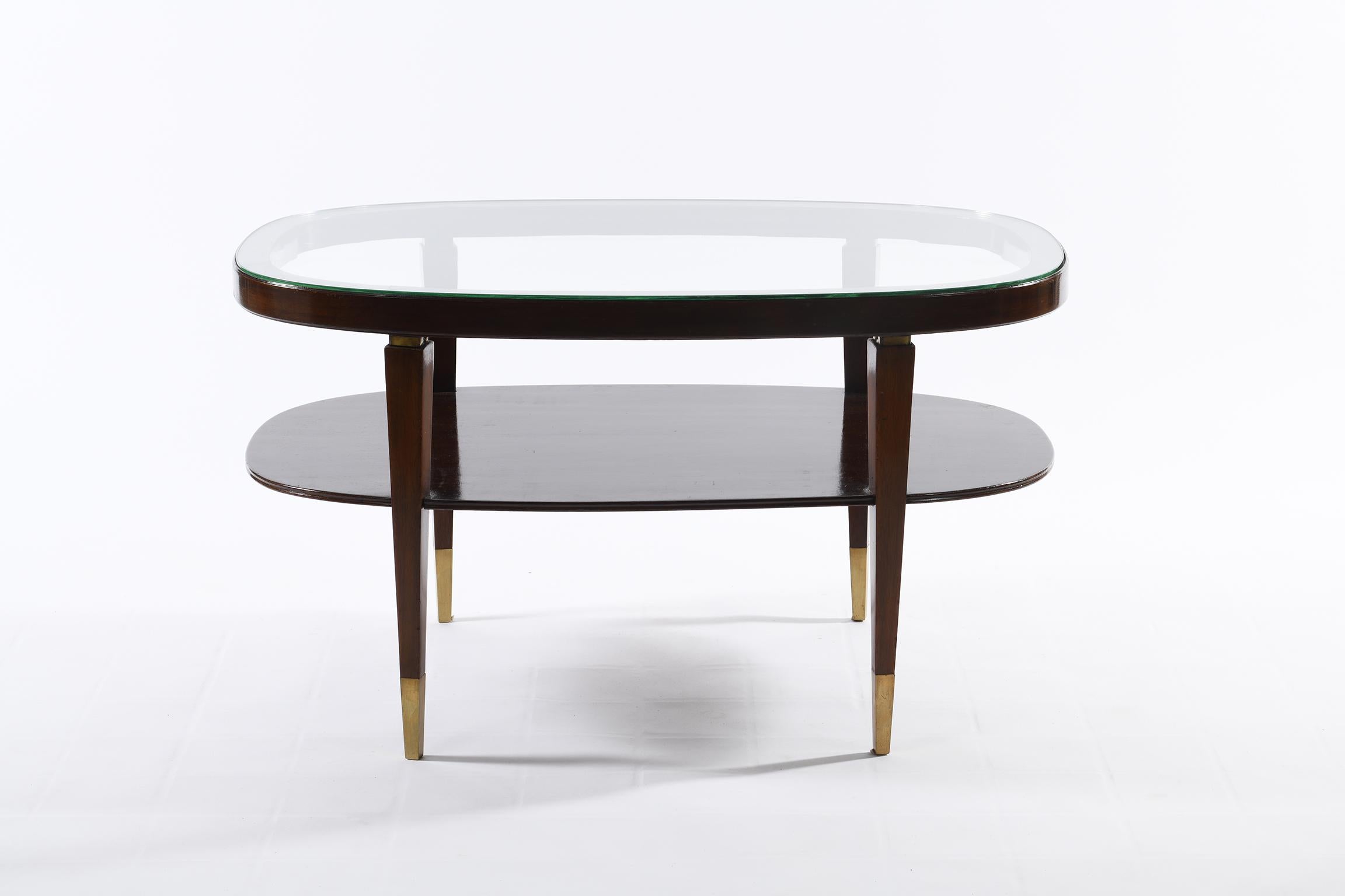 Mid-Century Modern Midcentury Italian Oval Double Shelf Coffee Table Brass Details For Sale