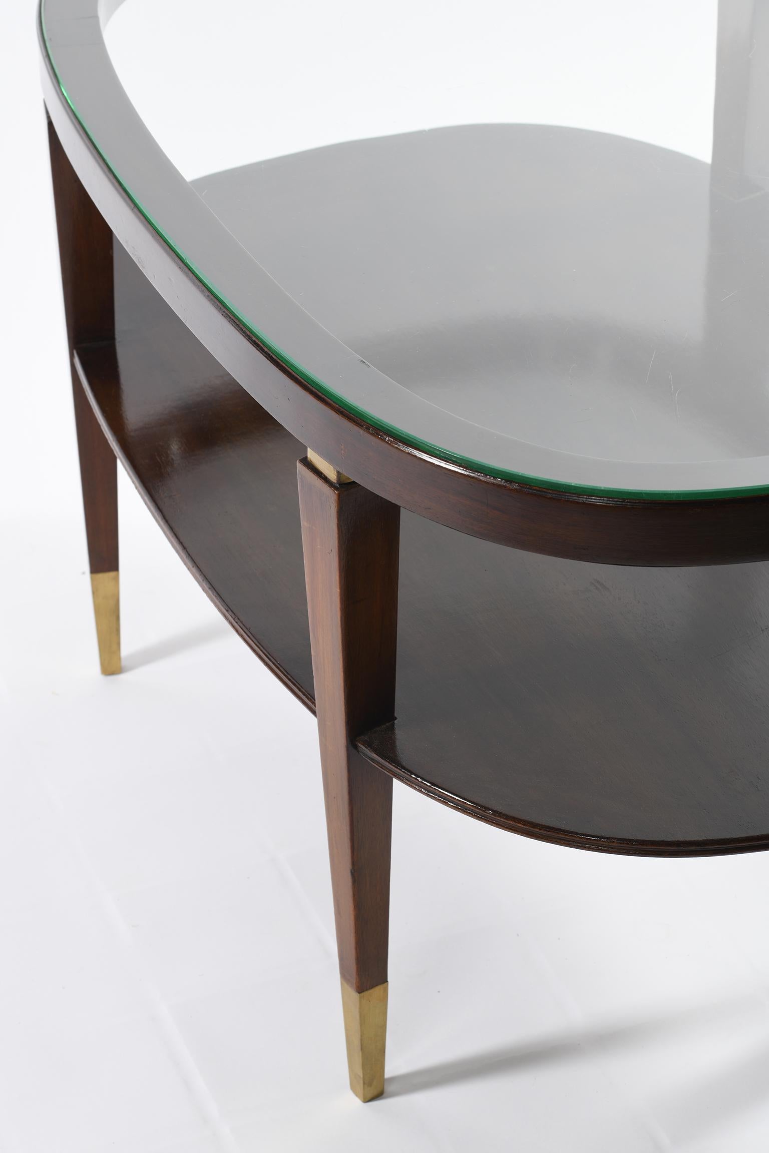 Wood Midcentury Italian Oval Double Shelf Coffee Table Brass Details For Sale