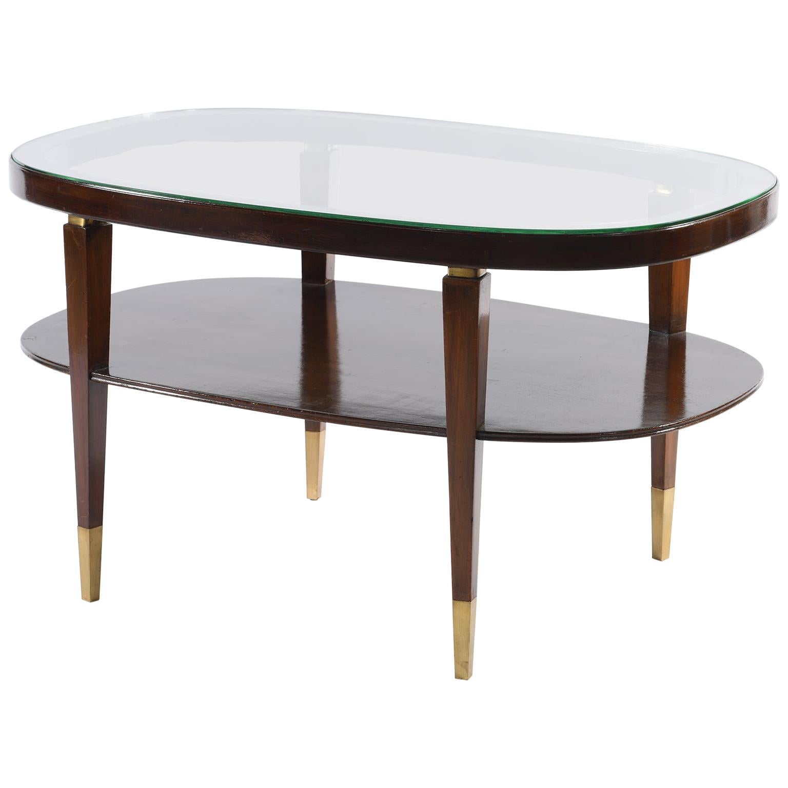 Midcentury Italian Oval Double Shelf Coffee Table Brass Details