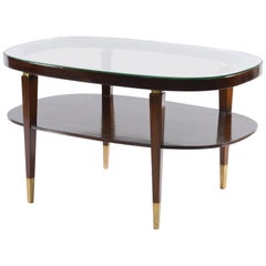 Midcentury Italian Oval Double Shelf Coffee Table Brass Details