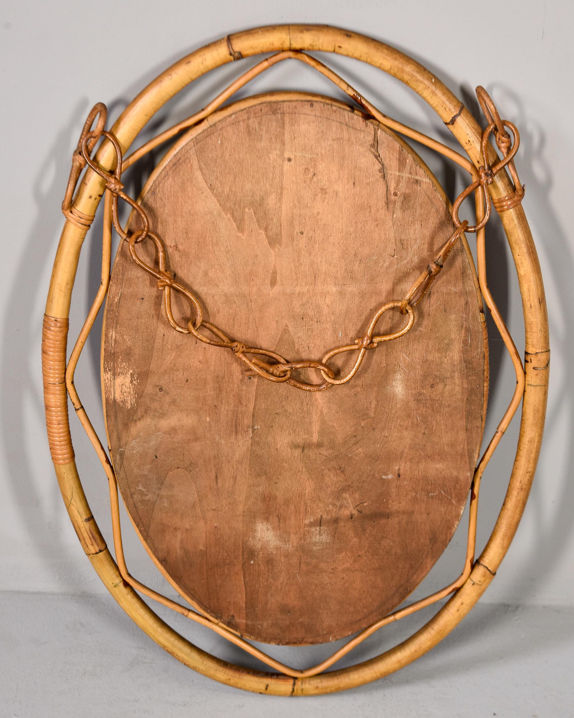 Mid Century Italian Oval Mirror with Rattan Frame For Sale 5