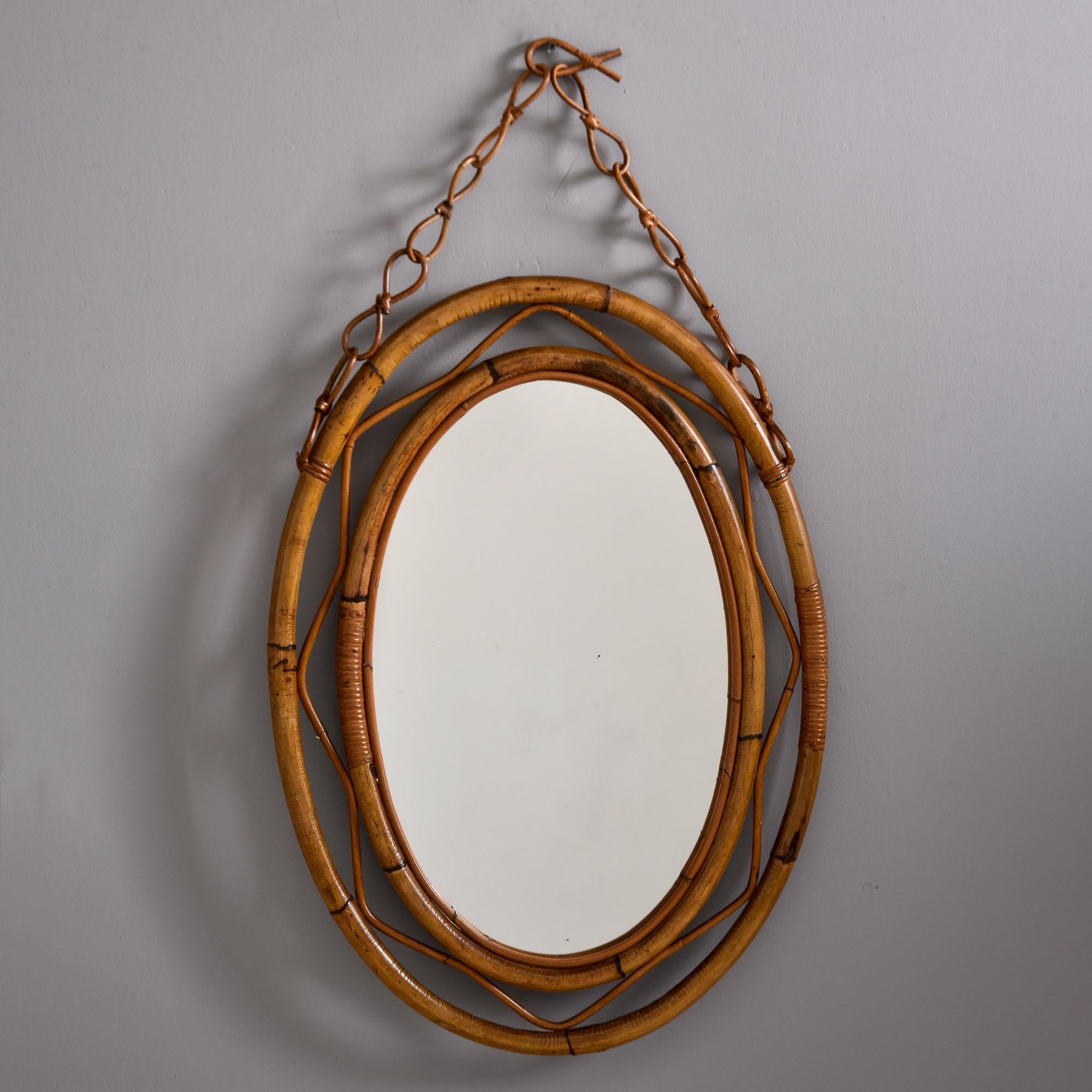 Bohemian Mid Century Italian Oval Mirror with Rattan Frame For Sale