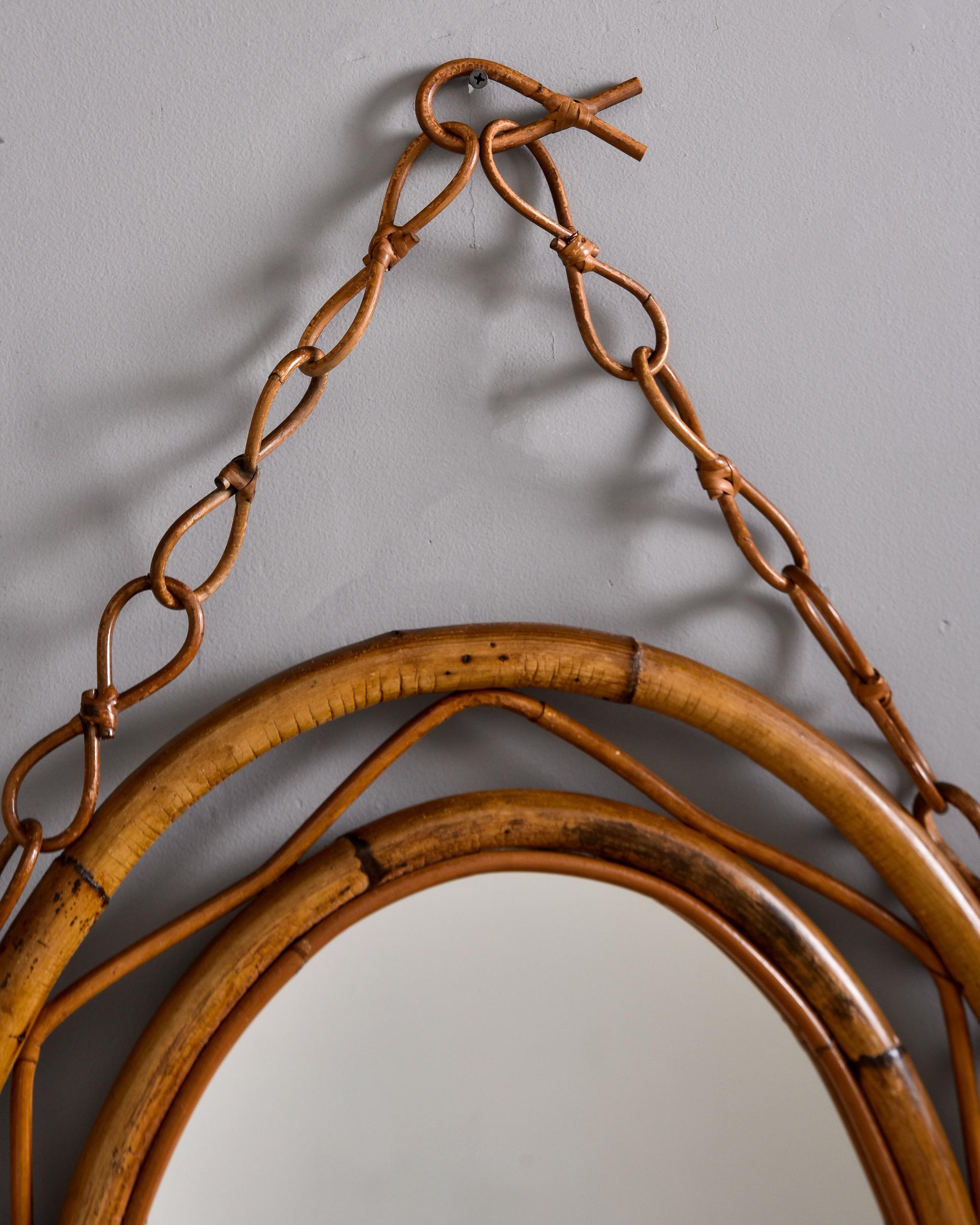 Mid Century Italian Oval Mirror with Rattan Frame In Good Condition For Sale In Troy, MI