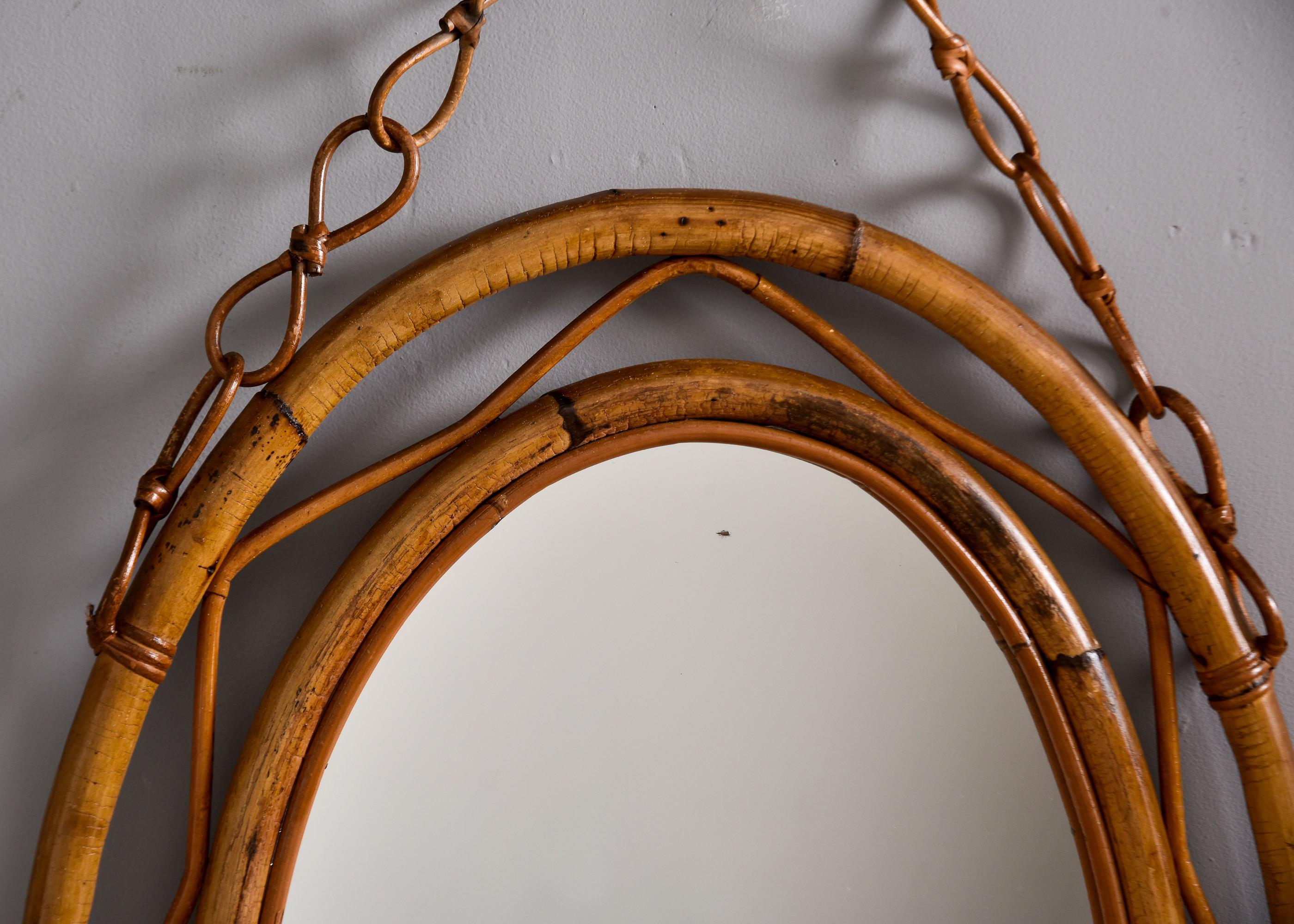 20th Century Mid Century Italian Oval Mirror with Rattan Frame For Sale
