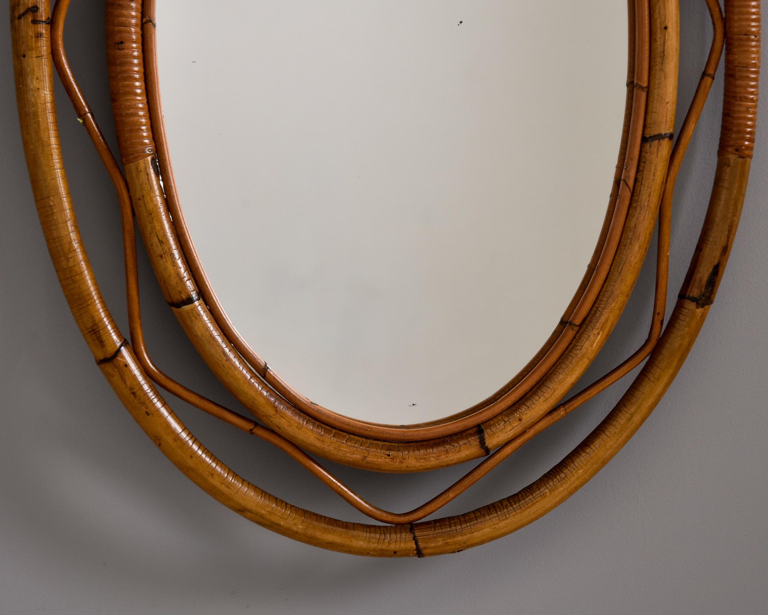 Mid Century Italian Oval Mirror with Rattan Frame For Sale 1