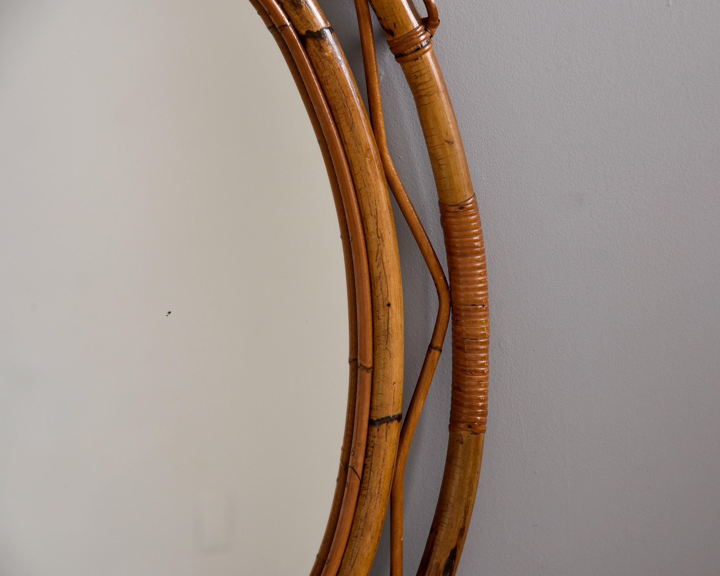 Mid Century Italian Oval Mirror with Rattan Frame For Sale 2