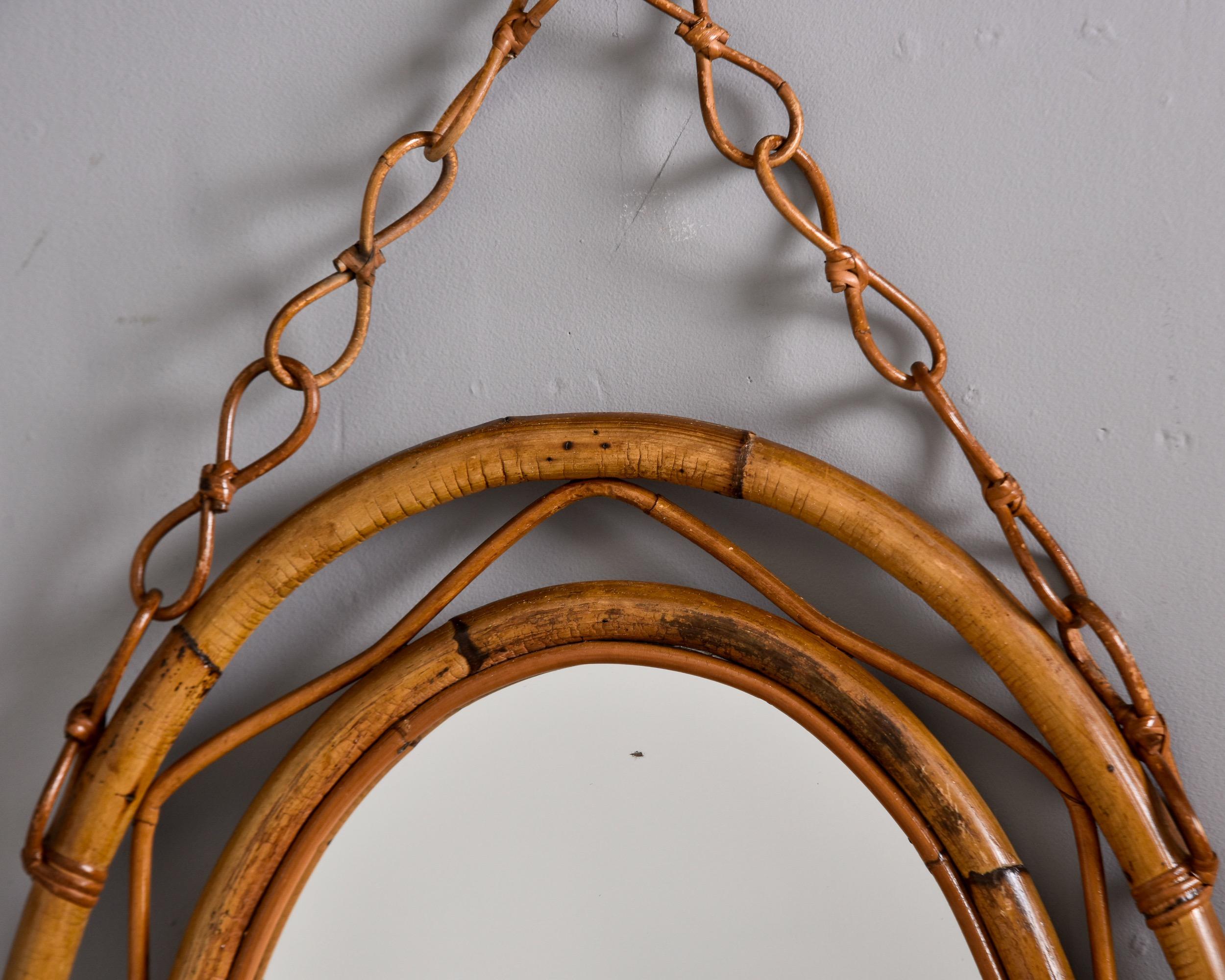 Mid Century Italian Oval Mirror with Rattan Frame For Sale 3
