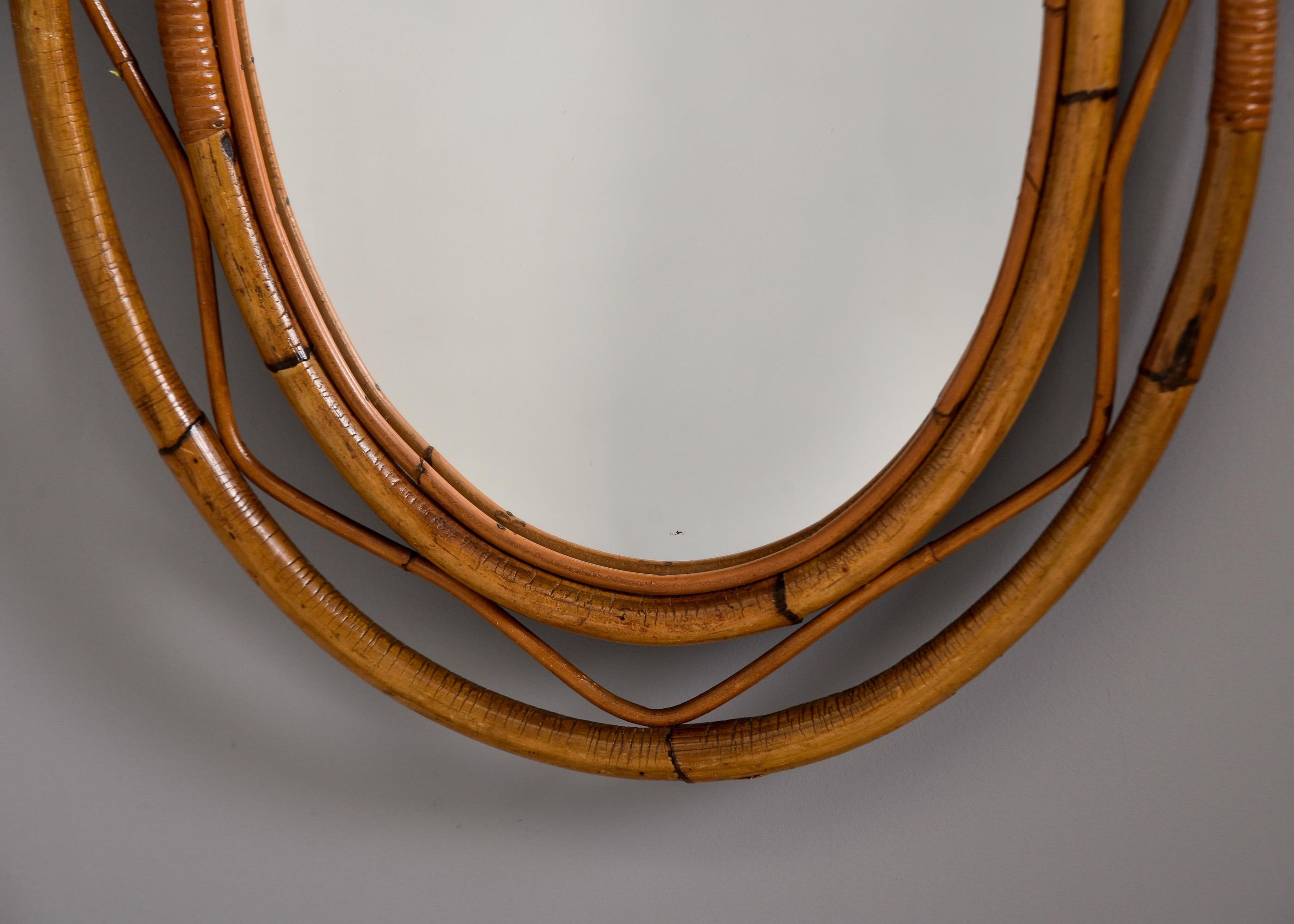 Mid Century Italian Oval Mirror with Rattan Frame For Sale 4
