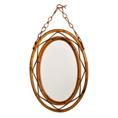 Mid Century Italian Oval Mirror with Rattan Frame