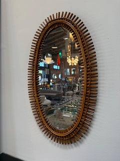 Mid-Century Italian Oval Rattan and Wicker Sunburst Mirror, 1960s