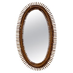 Mid-Century Italian Oval Rattan and Wicker Sunburst Mirror, 1960s