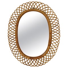 Mid Century Italian Oval Rattan Frame Mirror by Franco Albini for Bonacina