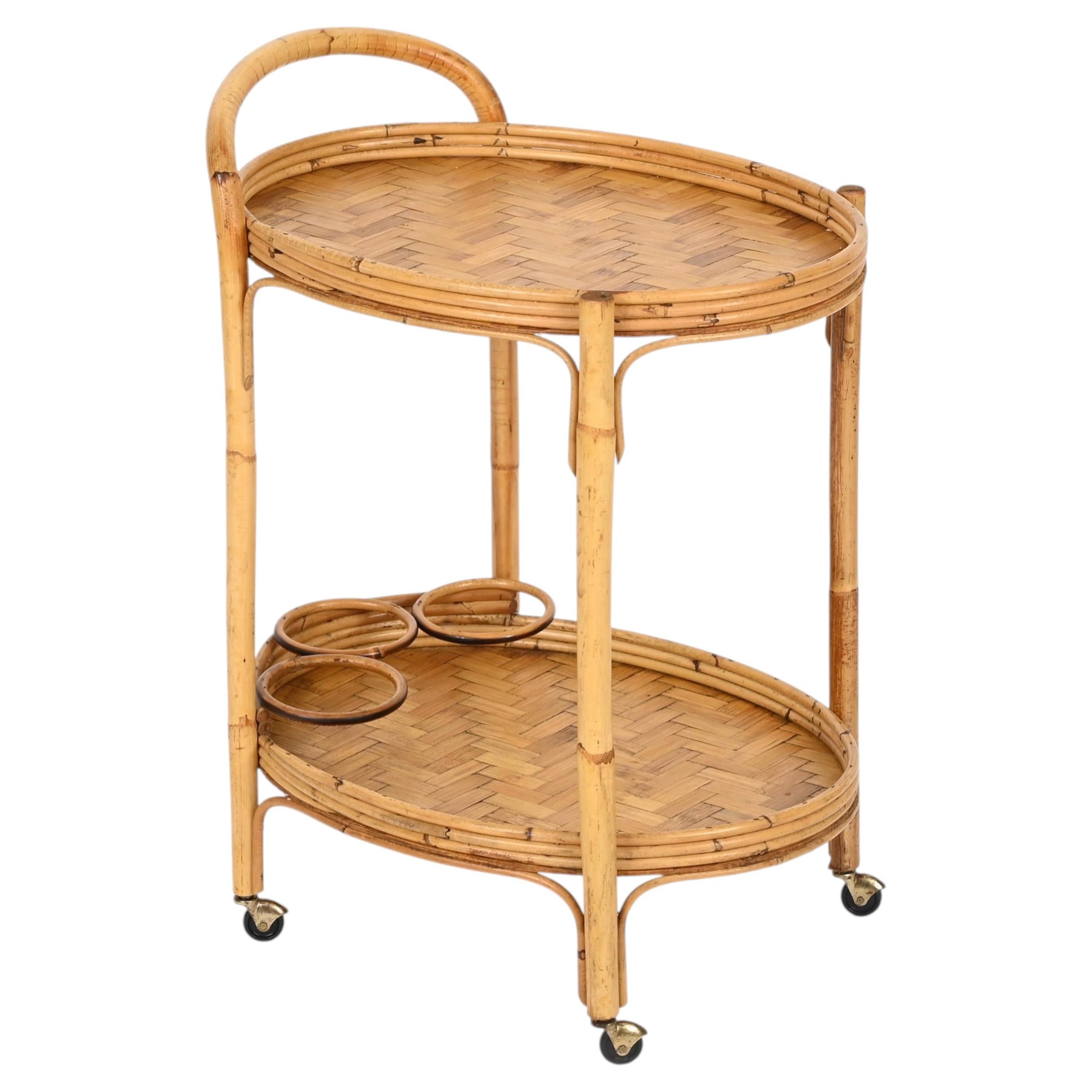 Mid-Century Italian Oval Serving Bar Cart Trolley in Bamboo and Rattan, 1960s