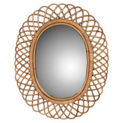 Mid-Century Italian Oval Wicker Framed Mirror