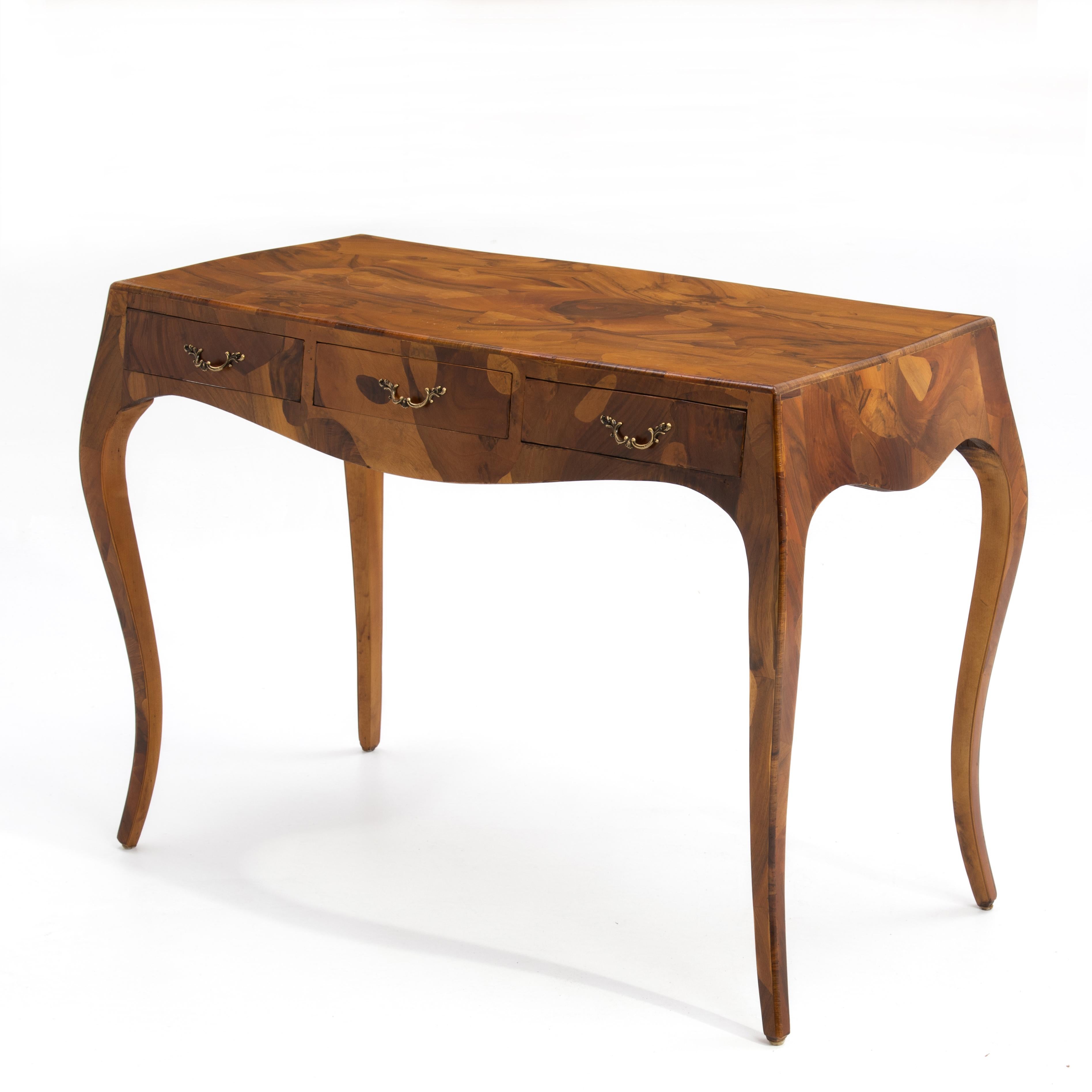 Mid Century Italian Oyster Burl Olive Writing Desk Cabriole Legs 1