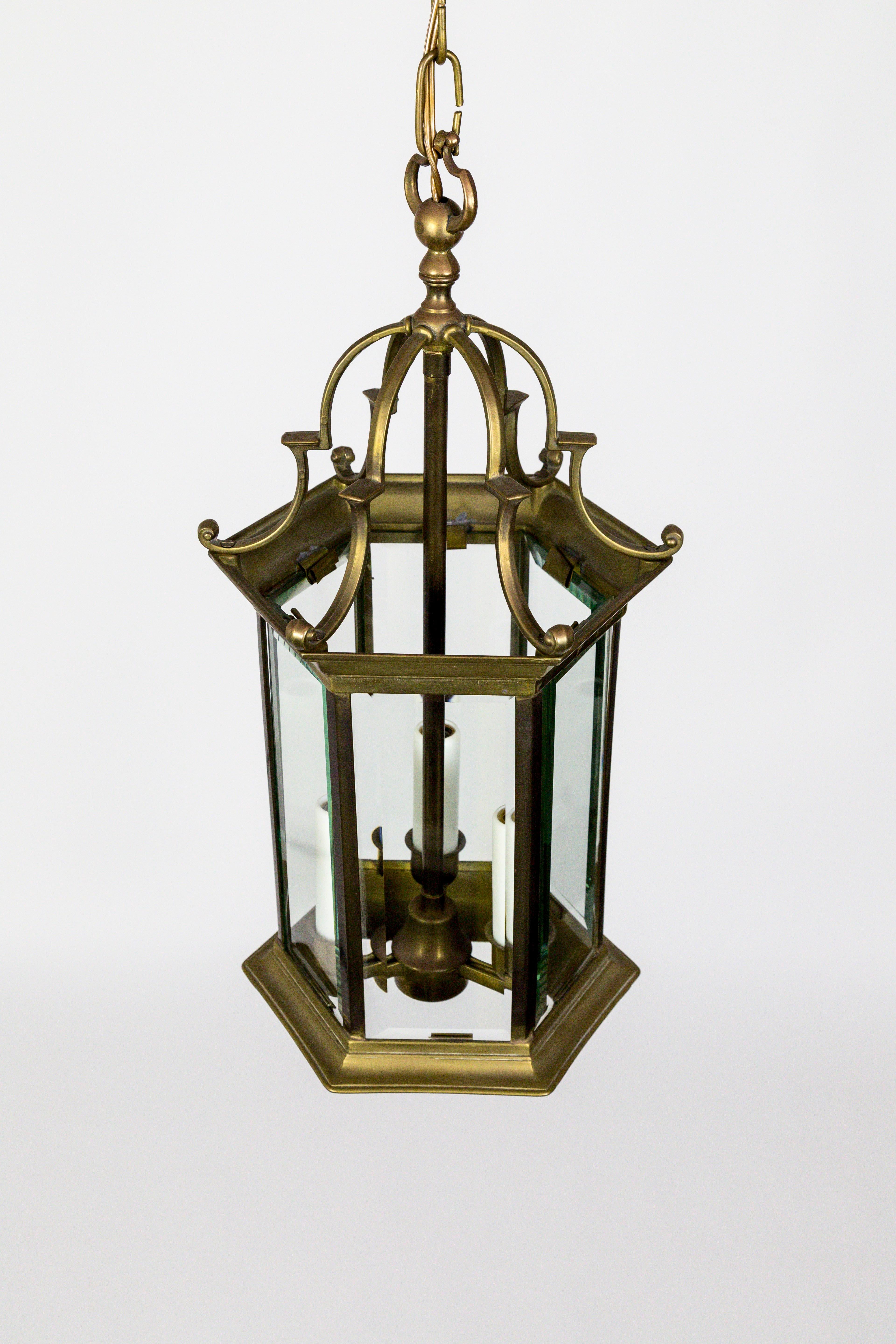 Midcentury Italian Pagoda-Esque Bronze and Beveled Glass Lantern In Good Condition For Sale In San Francisco, CA