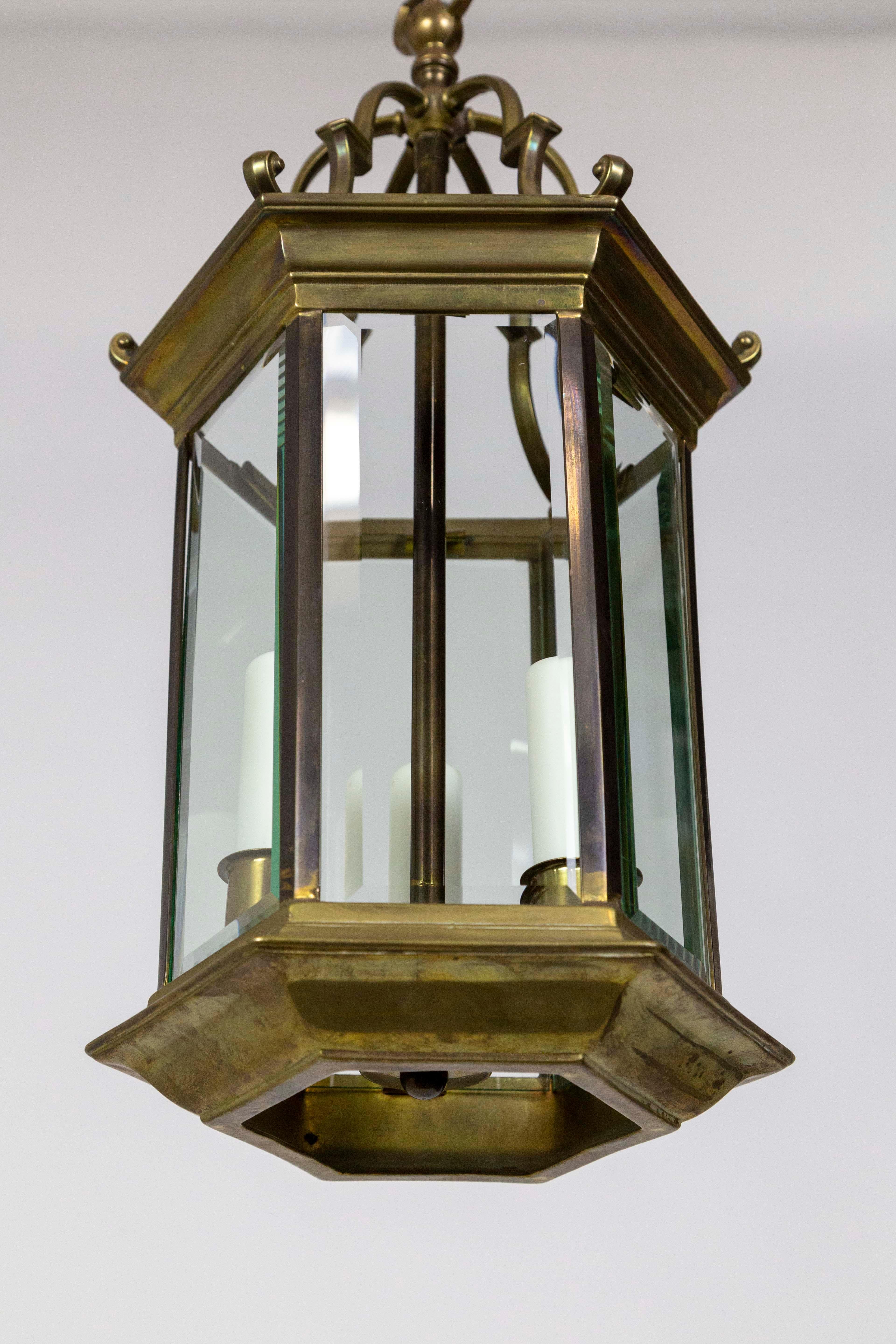 Mid-20th Century Midcentury Italian Pagoda-Esque Bronze and Beveled Glass Lantern For Sale