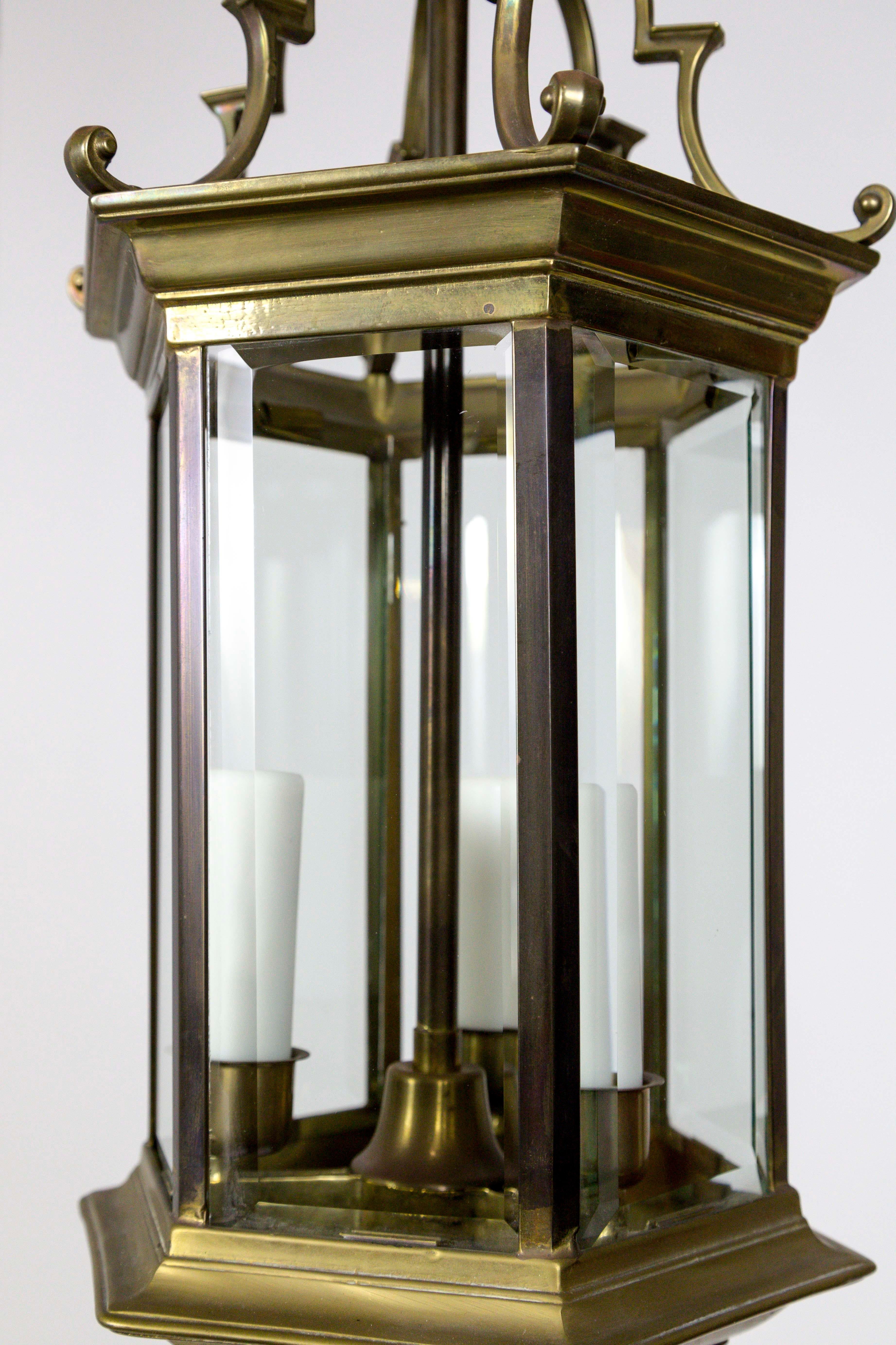 Midcentury Italian Pagoda-Esque Bronze and Beveled Glass Lantern For Sale 1