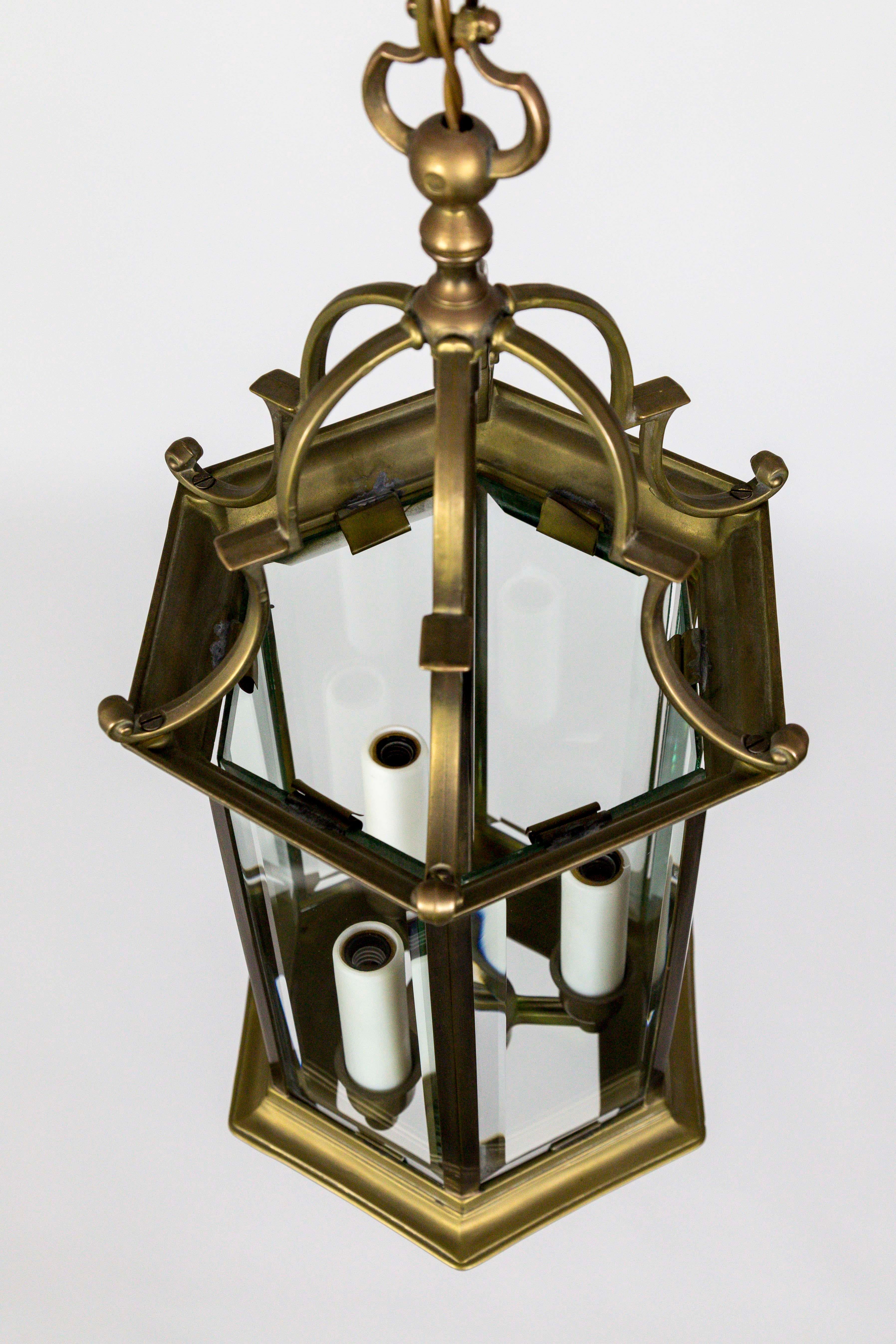 Midcentury Italian Pagoda-Esque Bronze and Beveled Glass Lantern For Sale 3