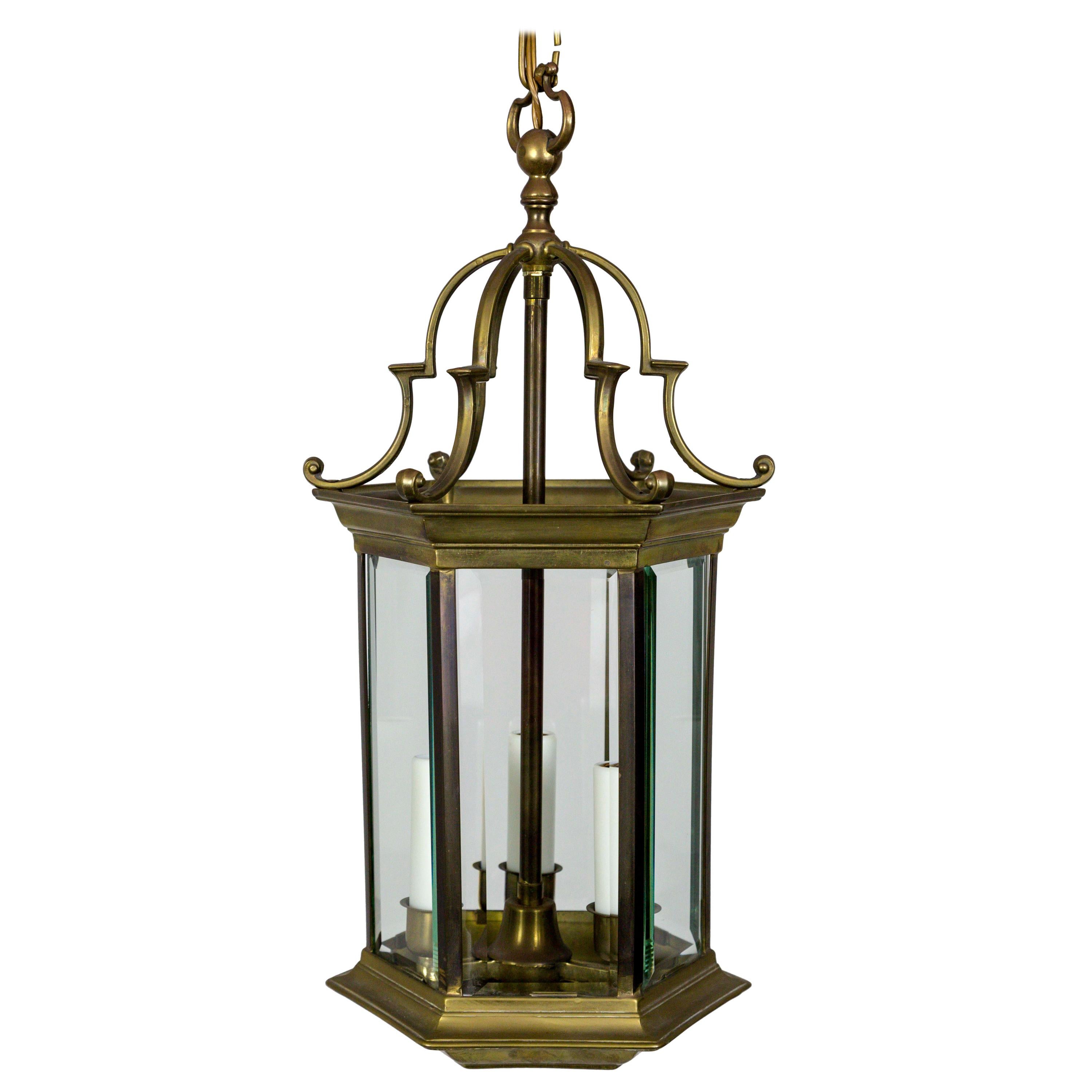 Midcentury Italian Pagoda-Esque Bronze and Beveled Glass Lantern