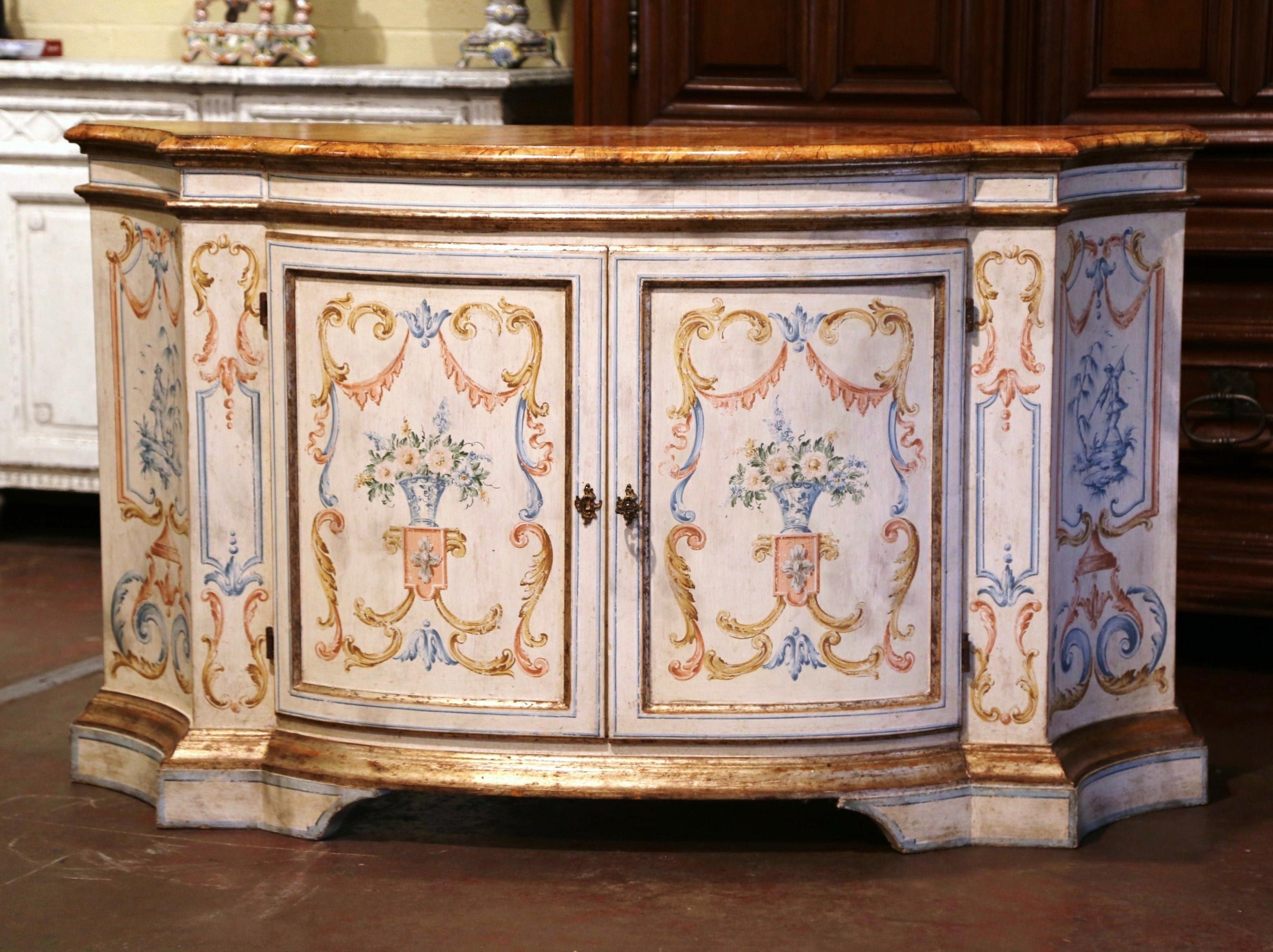 Hand-Carved Mid-Century Italian Painted and Parcel Gilt Bombe Credenza Two-Door Buffet