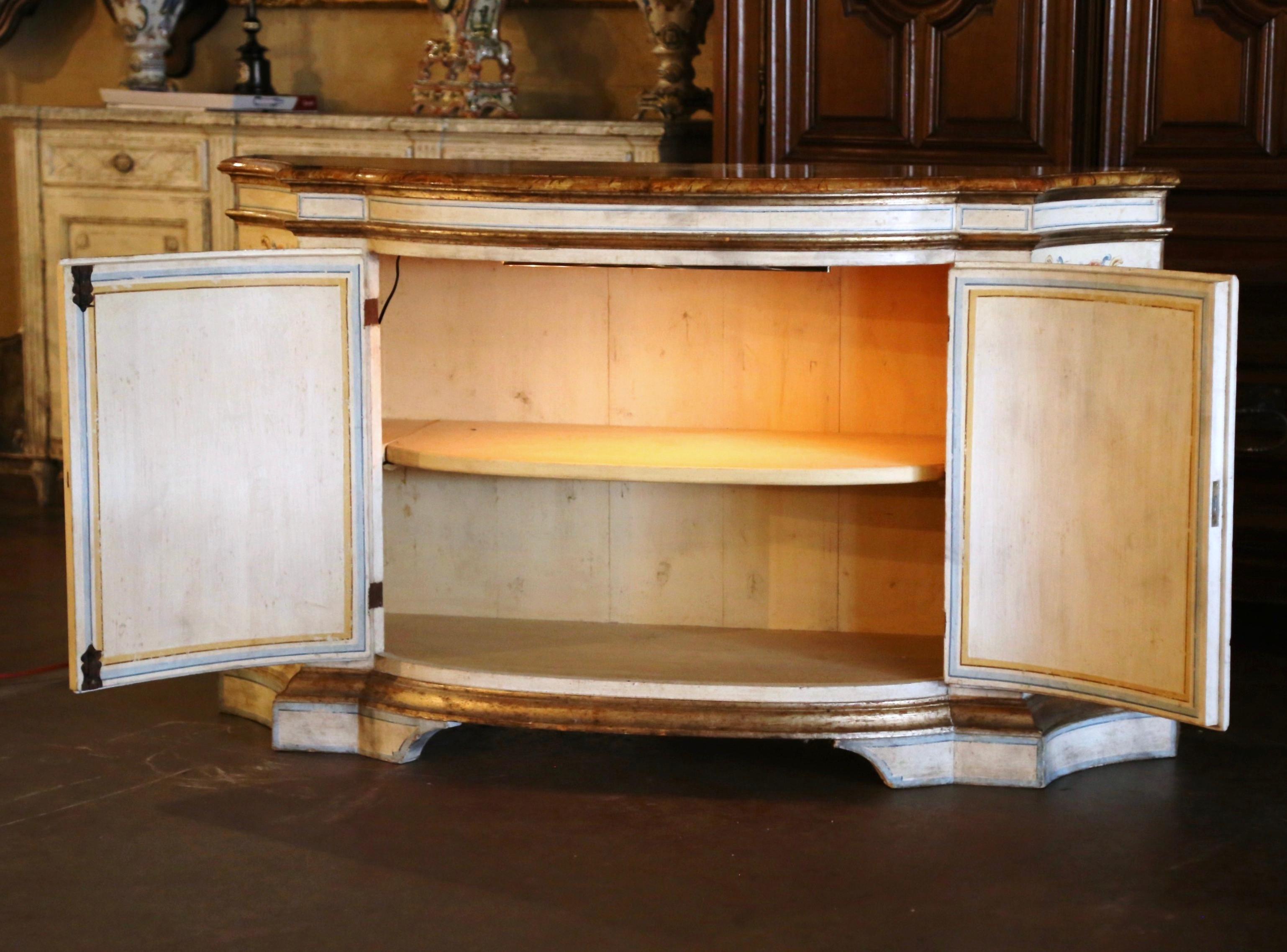 Oak Mid-Century Italian Painted and Parcel Gilt Bombe Credenza Two-Door Buffet