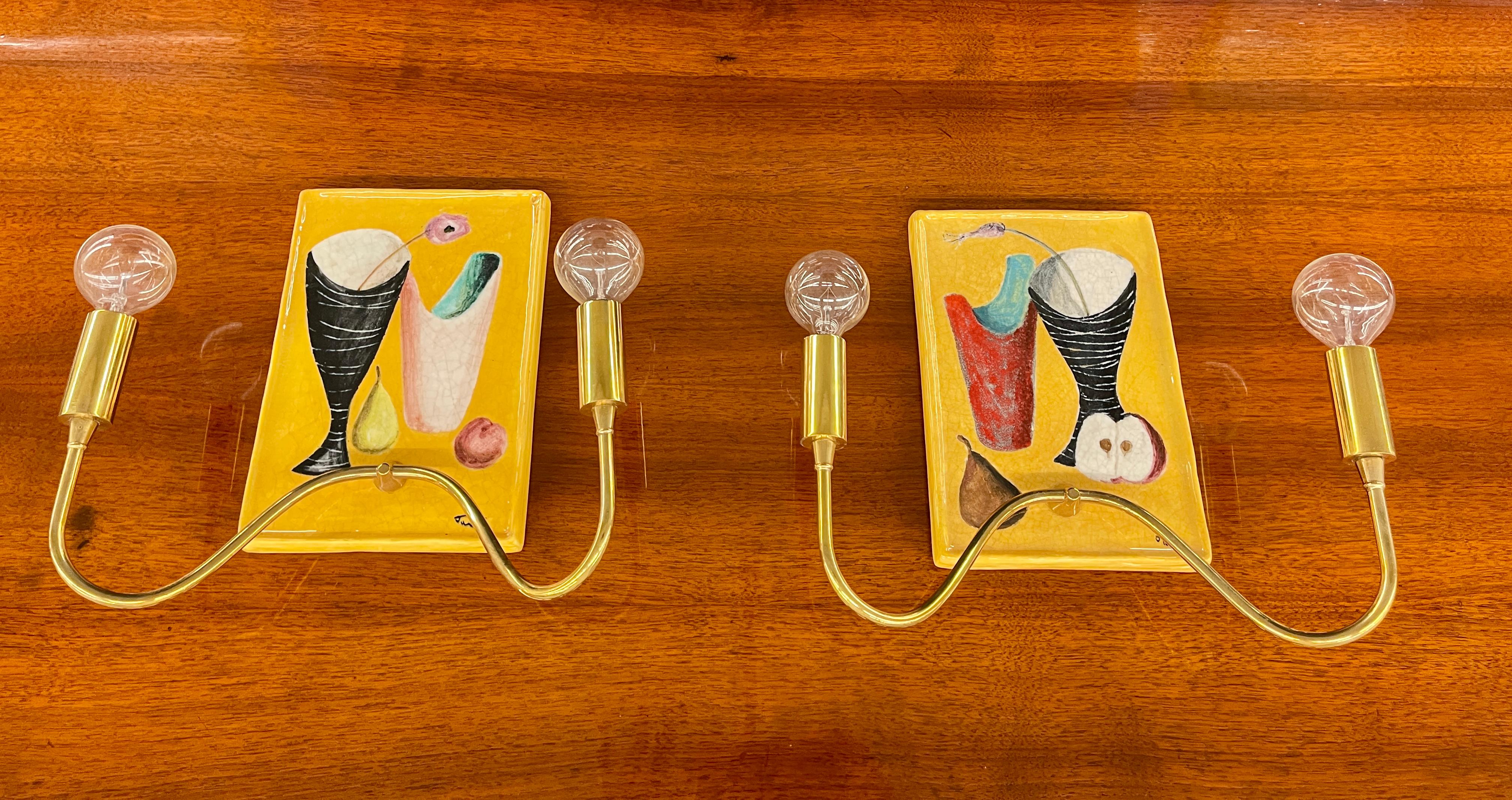 Mid-Century Italian Painted Ceramic Tile and Brass Sconces 7