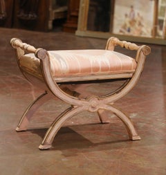 Italienischer bemalter Curule-Hocker mit gedrechselten Griffen und X-förmigem Sockel aus der Jahrhundertmitte