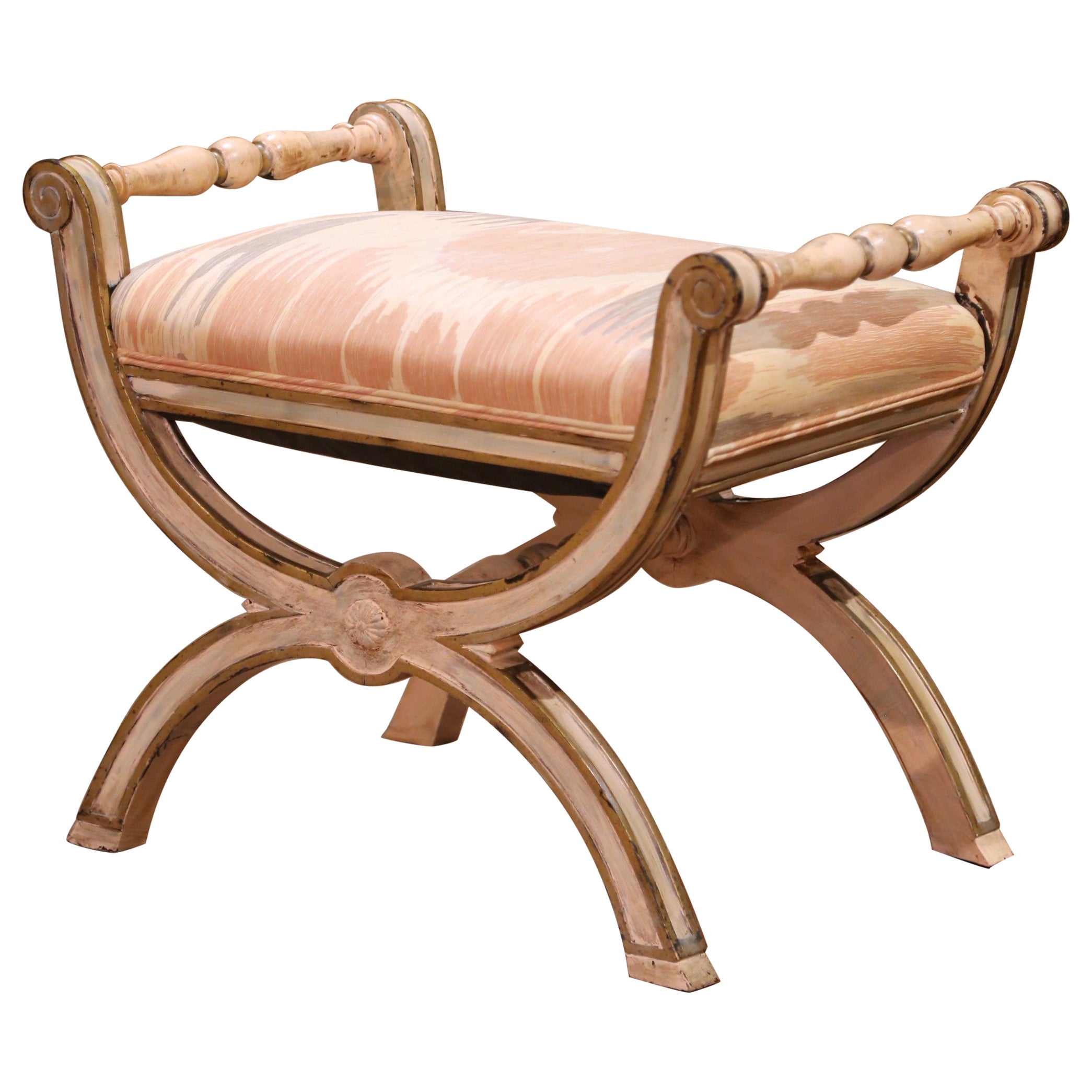 Tabouret Curule italien peint du milieu du siècle avec poignées tournées et base en X en vente