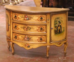 Mid-Century Italian Painted Demi-Lune Commode with Floral and Figural Panel