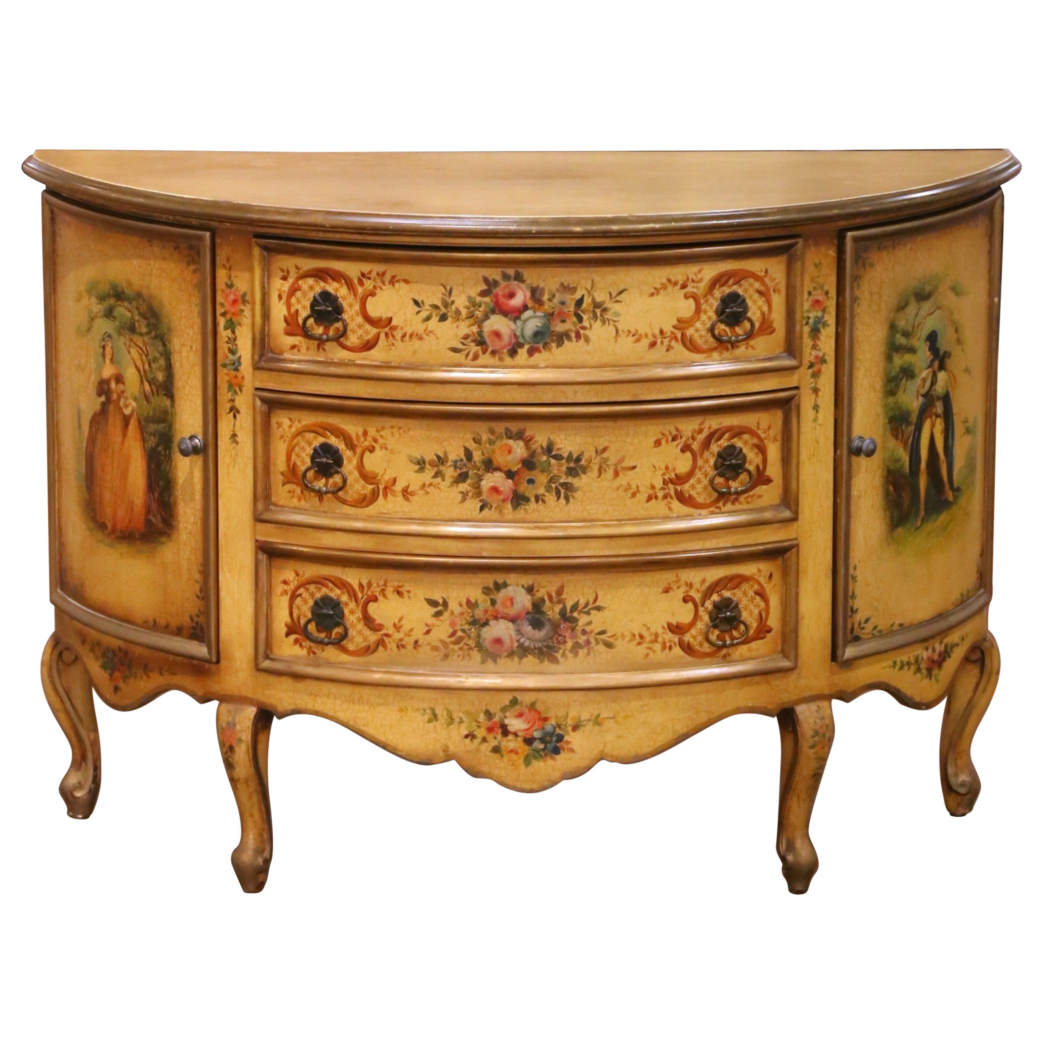 Mid-Century Italian Painted Demi-Lune Commode with Floral and Figural Panel For Sale
