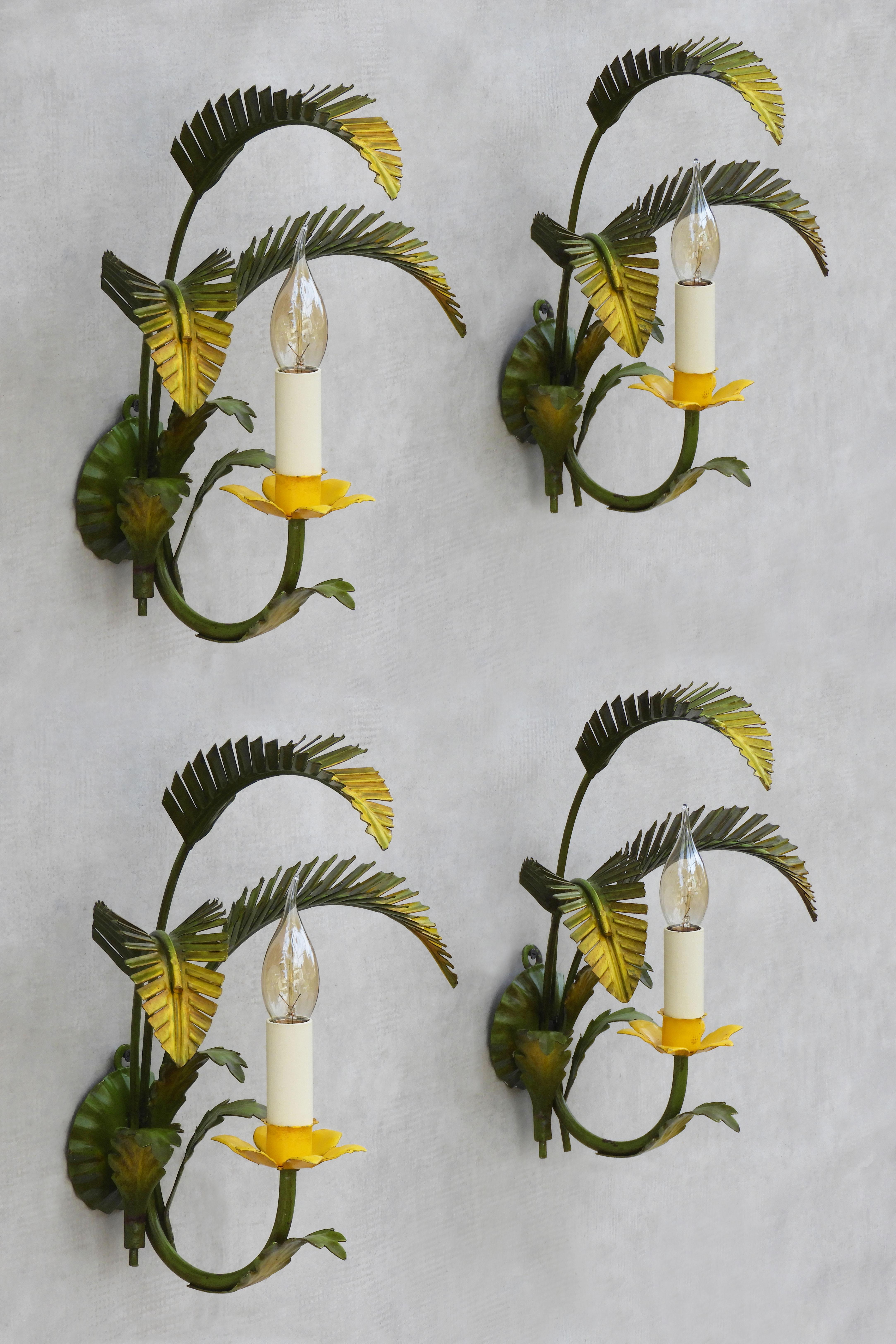 Hand-Painted Mid Century Italian Palm Leaf Wall Lights C1950 Two Pairs Available For Sale