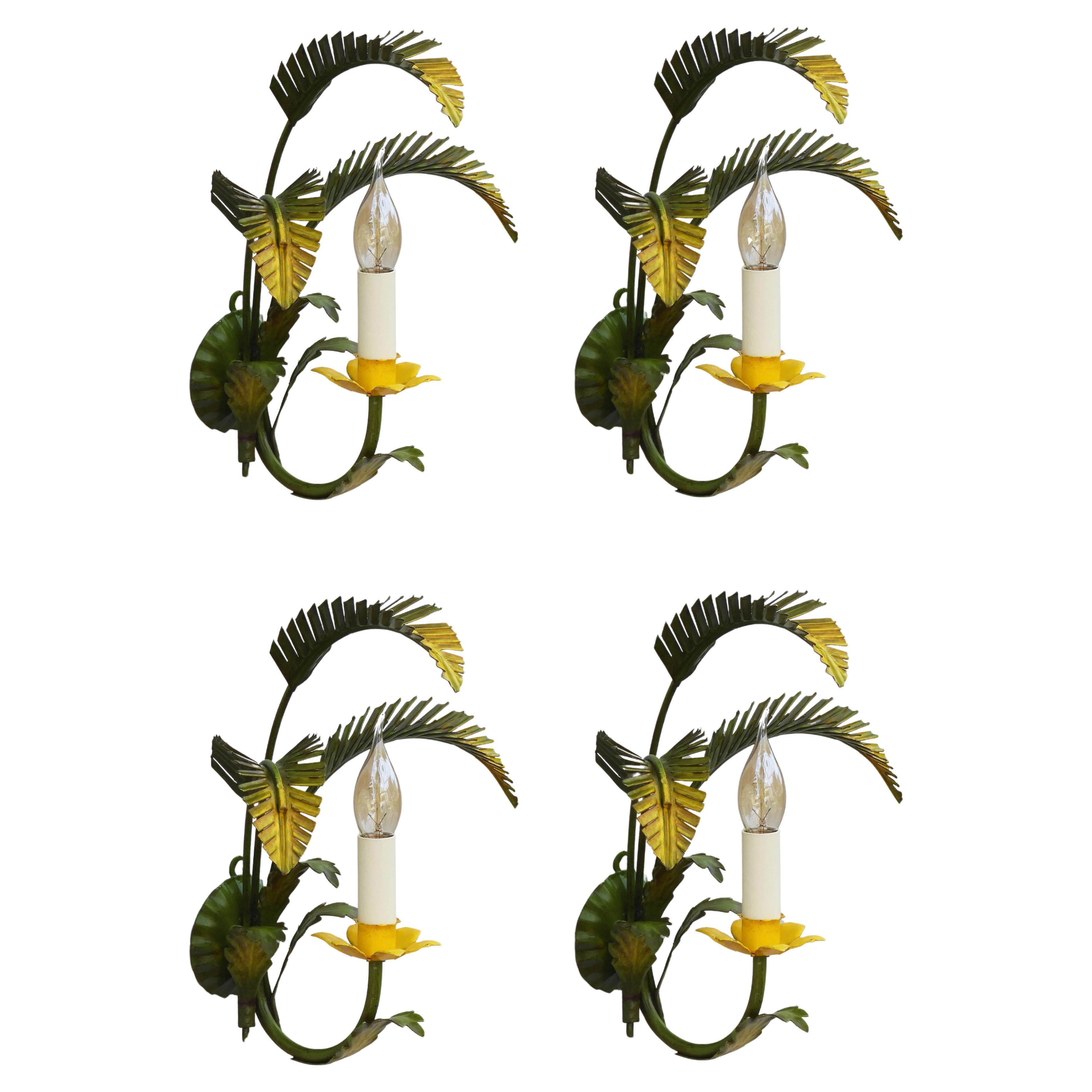Gorgeous Italian hand-painted toleware botanical-themed wall light sconces.  Glossy palm leaf foliage surrounding a flowering single ‘faux’ candle light.  In great vintage condition, original painted toleware, lightly distressed with nice aged