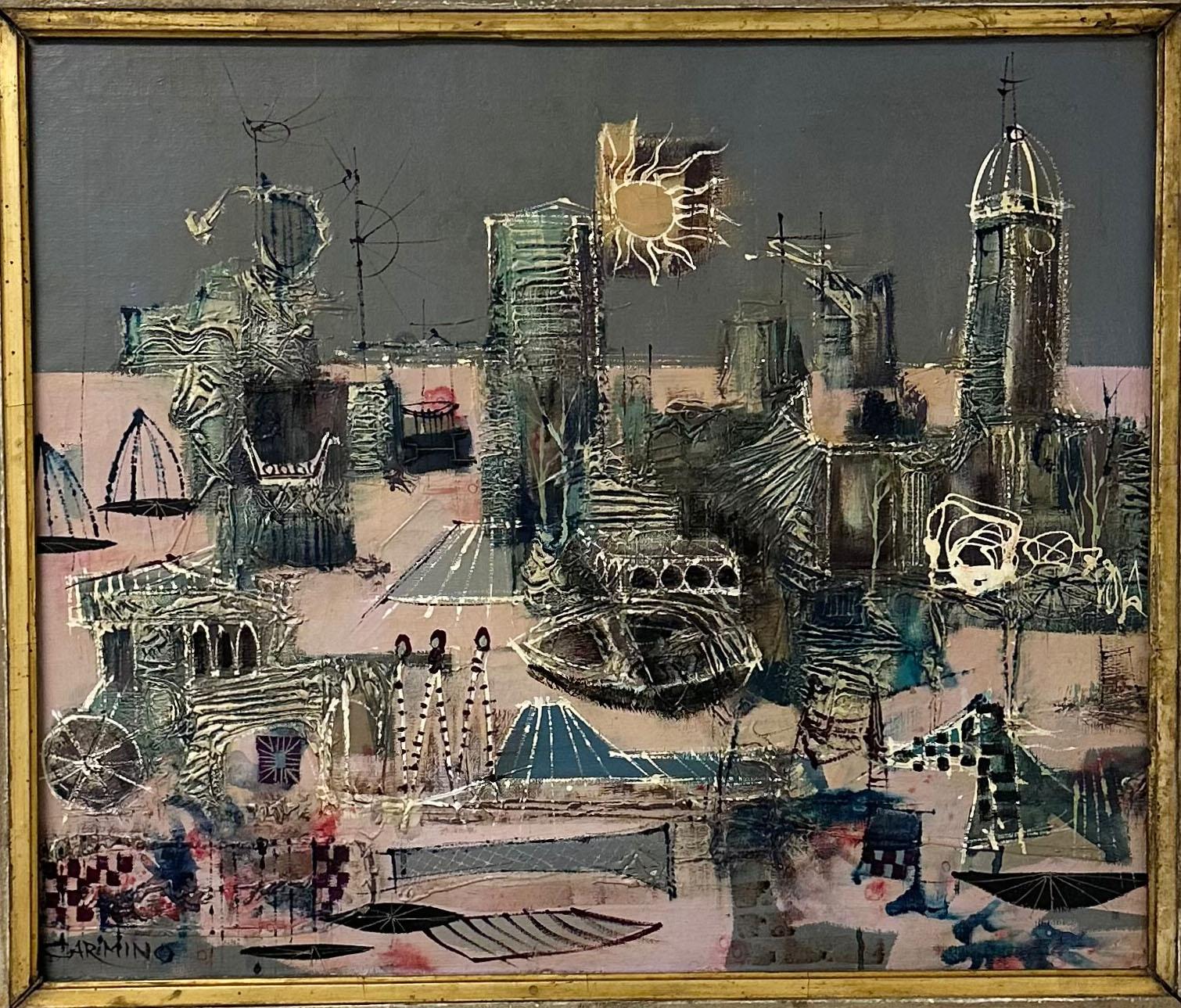 A mid century Italian abstract scene oil painting. signed. Circa 1940s, in an original distressed wood frame with a gold filet. The interior is thirty two inches by nineteen and one half inches.
