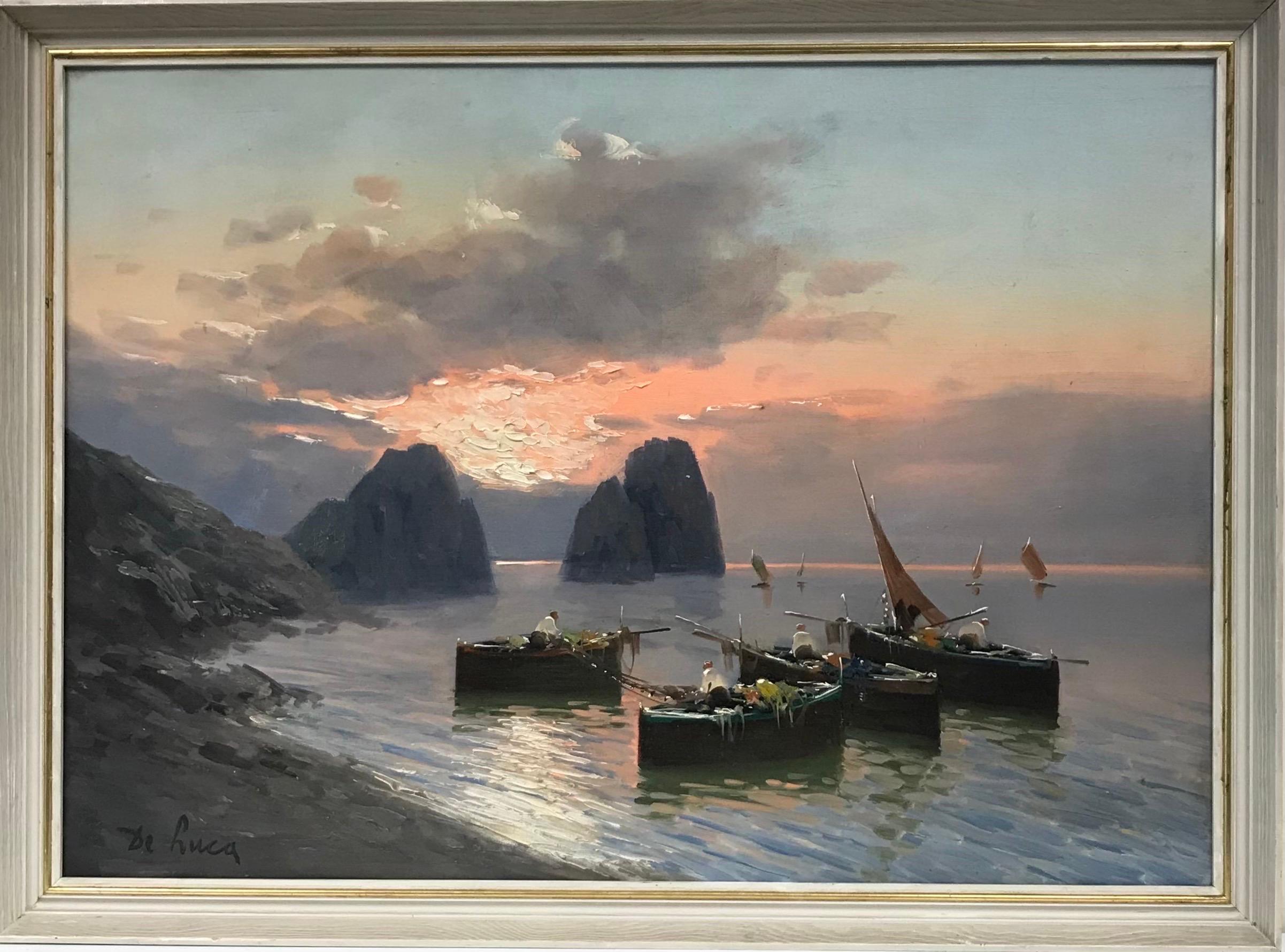 Fishing Boats at Sunset off the Neapolitan Coastline, large signed oil painting - Painting by Mid Century Italian