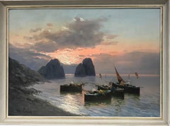 Fishing Boats at Sunset off the Neapolitan Coastline, large signed oil painting
