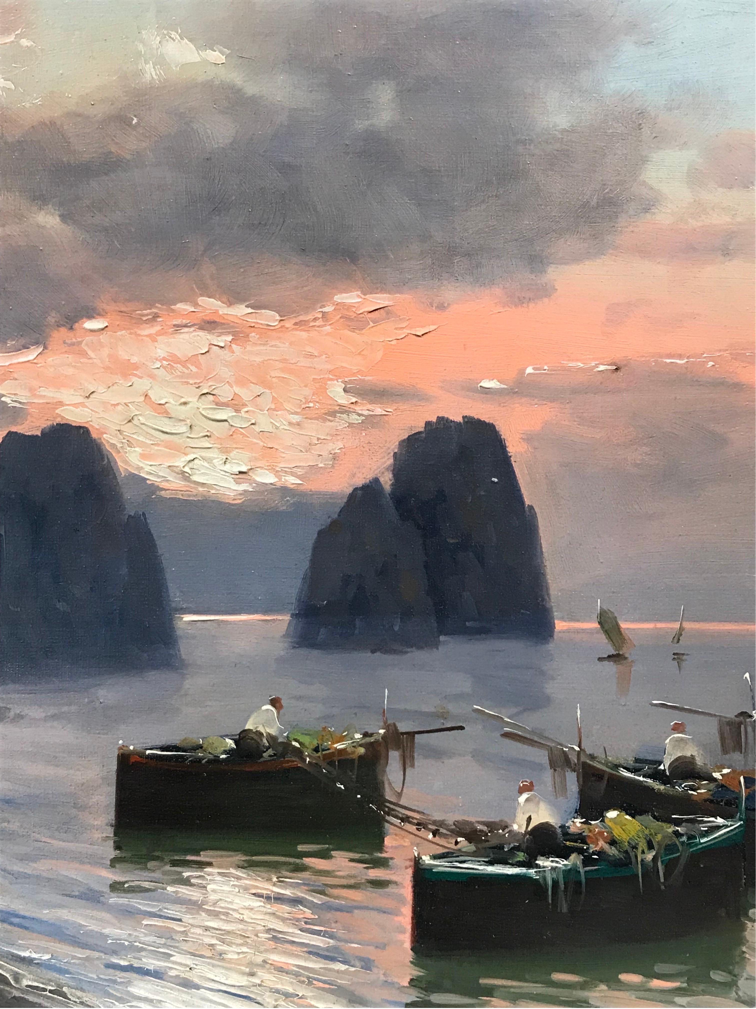 Fishing Boats at Sunset off the Neapolitan Coastline, large signed oil painting - Impressionist Painting by Mid Century Italian