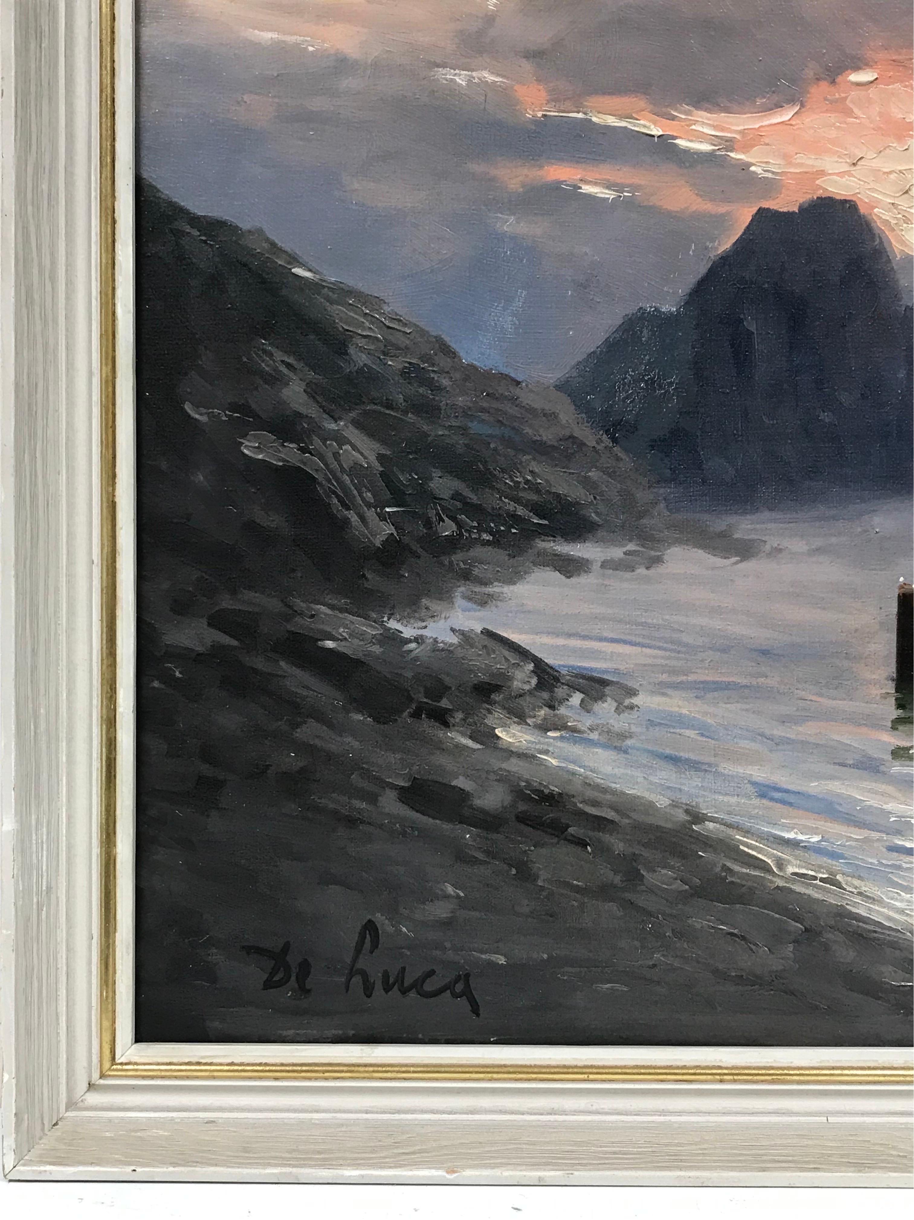 Fishing Boats at Sunset off the Neapolitan Coastline, large signed oil painting - Gray Figurative Painting by Mid Century Italian