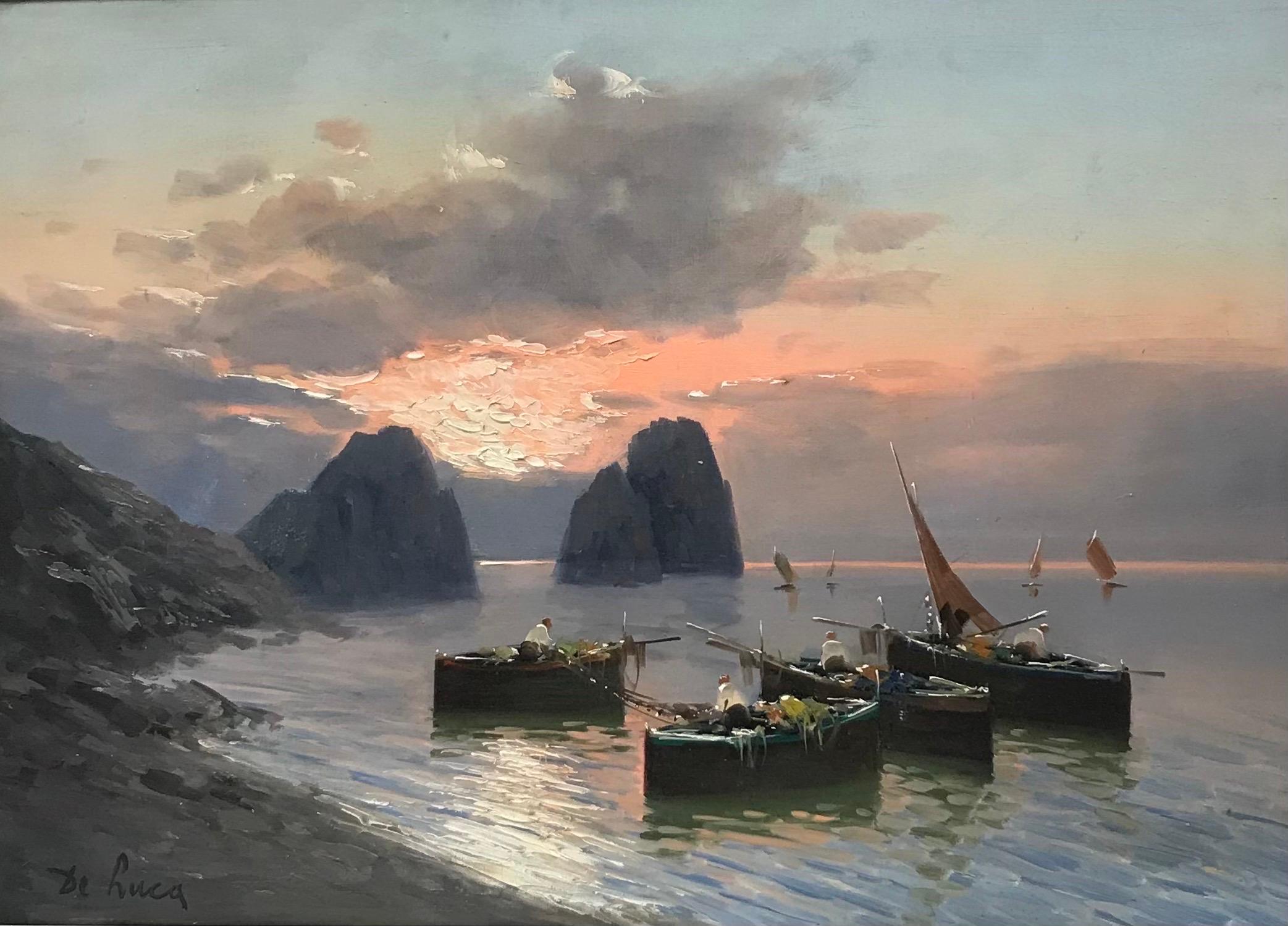 Mid Century Italian Figurative Painting - Fishing Boats at Sunset off the Neapolitan Coastline, large signed oil painting