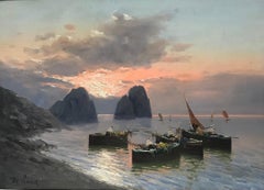 Fishing Boats at Sunset off the Neapolitan Coastline, large signed oil painting