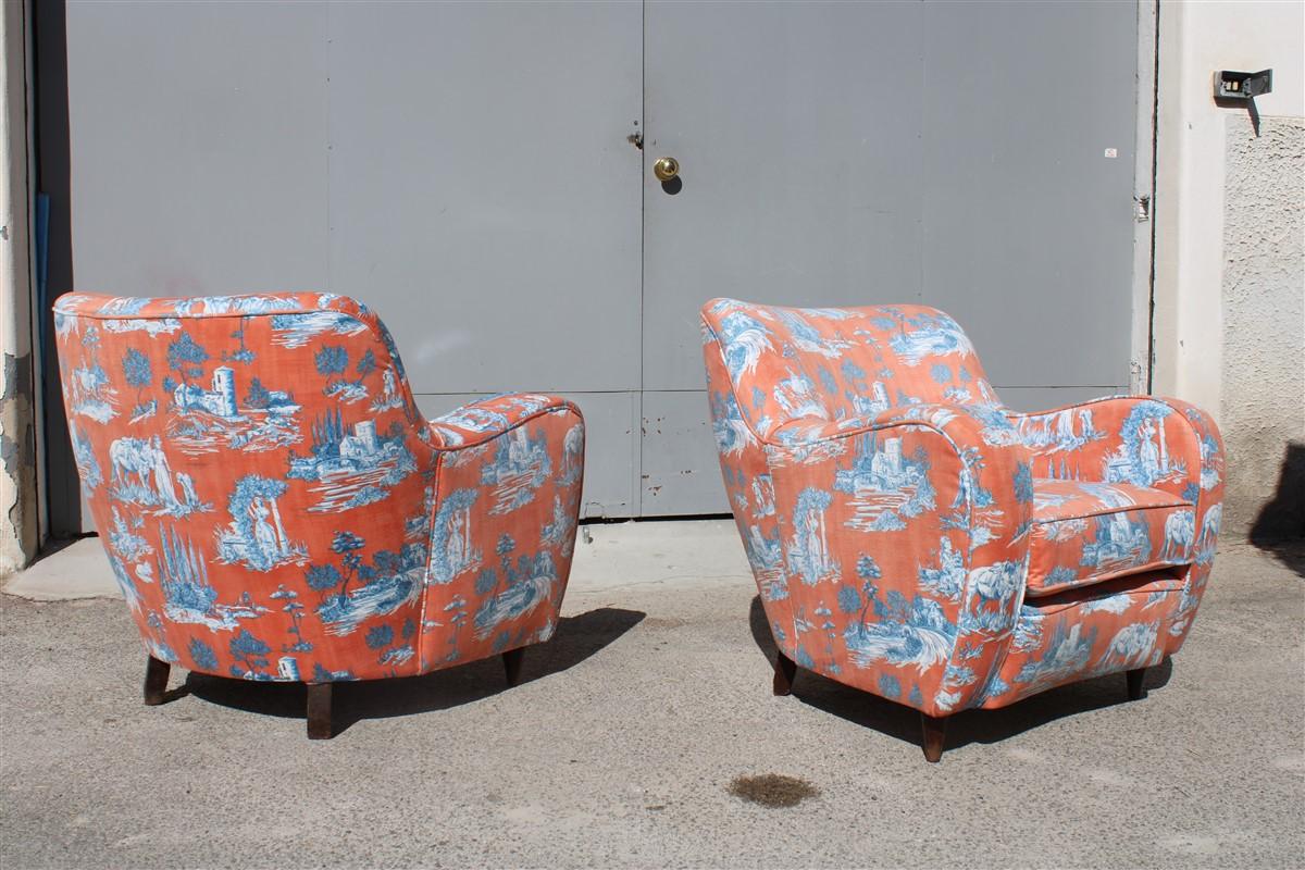 Mid-Century Modern Mid-Century Italian Pair Armchairs Palolo Buffa Design Fornasetti-style printed  For Sale