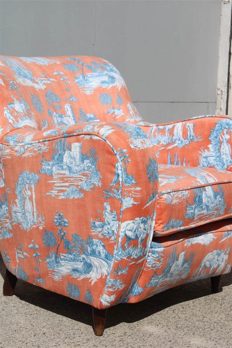 Mid-Century Italian Pair Armchairs Palolo Buffa Design Fornasetti-style printed  In Good Condition For Sale In Palermo, Sicily