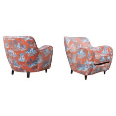 Mid-Century Italian Pair Armchairs Palolo Buffa Design Fornasetti-style printed