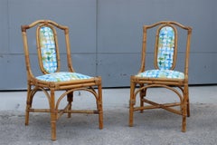 Mid-century Italian Pair bamboo Chairs Multicolored Fabric for the sea