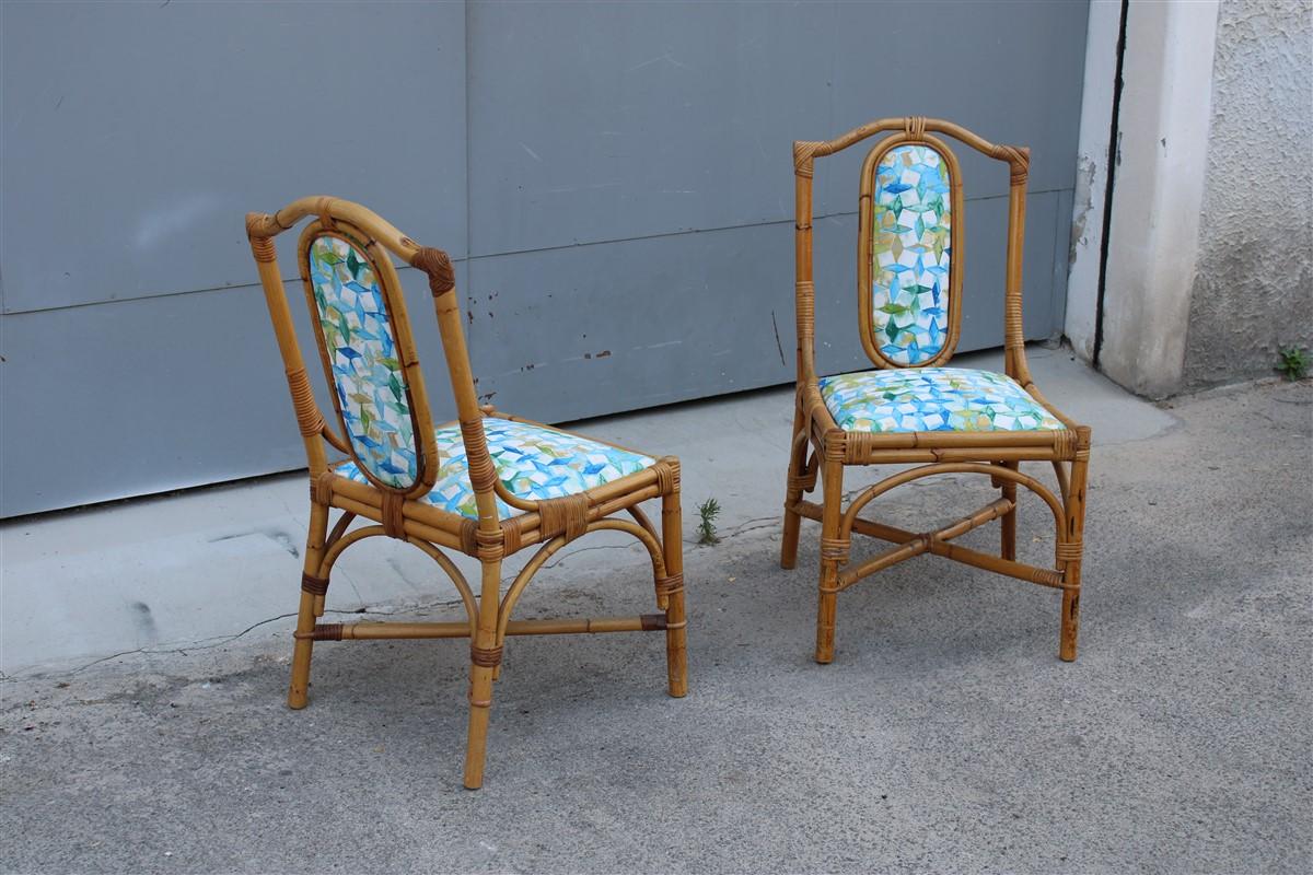 Mid-century Italian Pair bamboo Chairs Multicolored Fabric for the sea In Good Condition For Sale In Palermo, Sicily