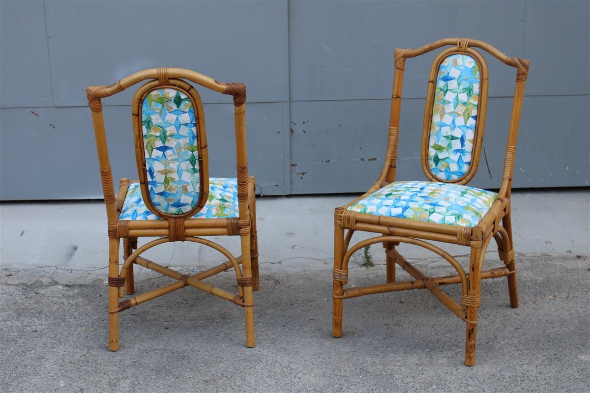 Mid-20th Century Mid-century Italian Pair bamboo Chairs Multicolored Fabric for the sea For Sale
