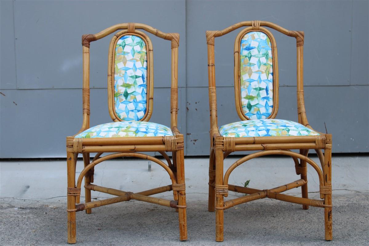 Mid-century Italian Pair bamboo Chairs Multicolored Fabric for the sea For Sale 1