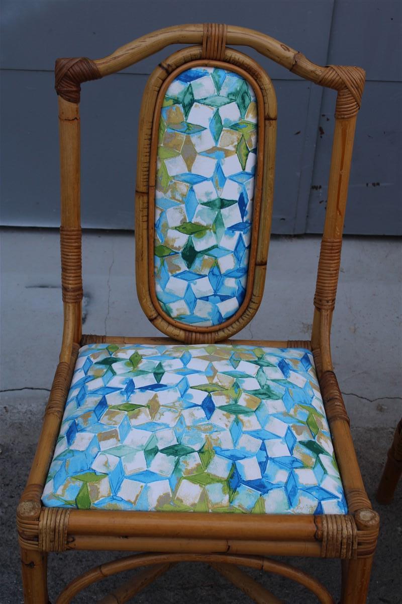 Mid-century Italian Pair bamboo Chairs Multicolored Fabric for the sea For Sale 2