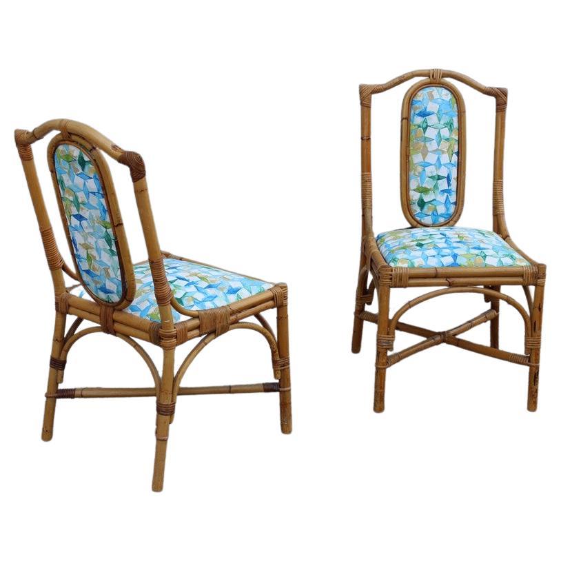 Mid-century Italian Pair bamboo Chairs Multicolored Fabric for the sea For Sale