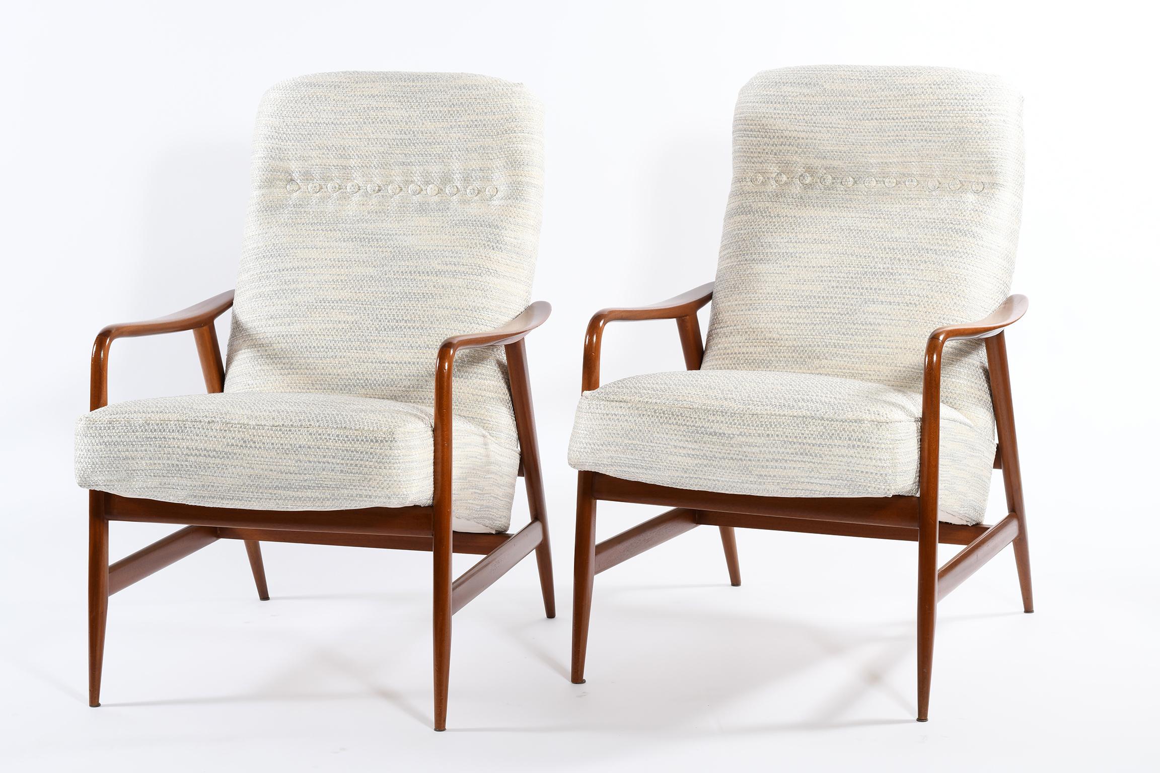 Italian Mid Century solid teak wood structures pair of armchairs, Italian 1950's production By Framar based on the Contur model by Alf Svensson, the small size of this seat makes it suitable for various environments from the living room to the